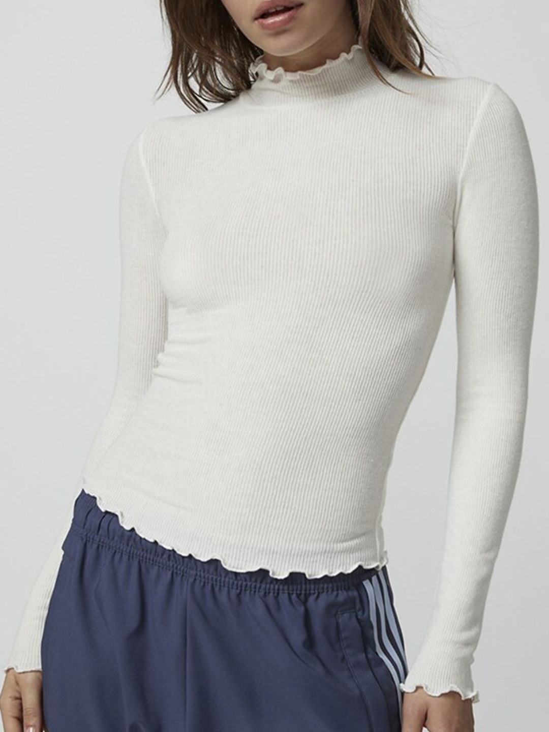 

StyleCast White Self Design High Neck Long Sleeves Fitted Top
