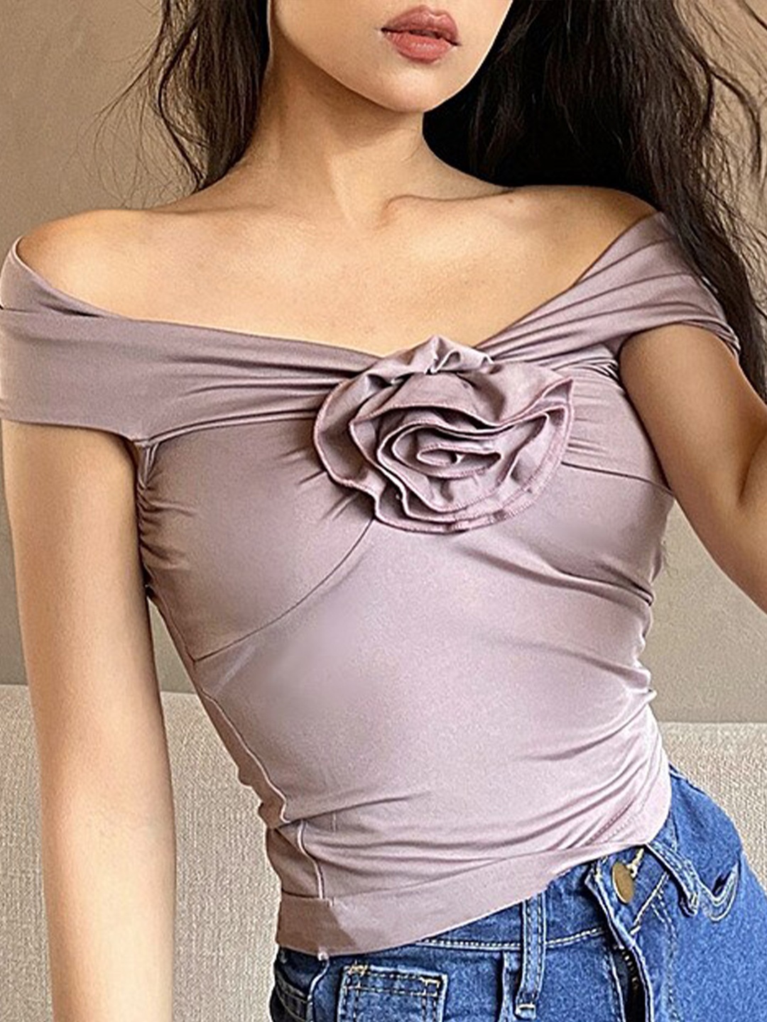 

StyleCast Lavender Off-Shoulder Floral Bow Detail Top