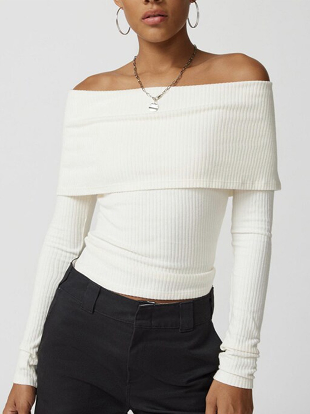

StyleCast White Off-Shoulder Ribbed Bardot Top