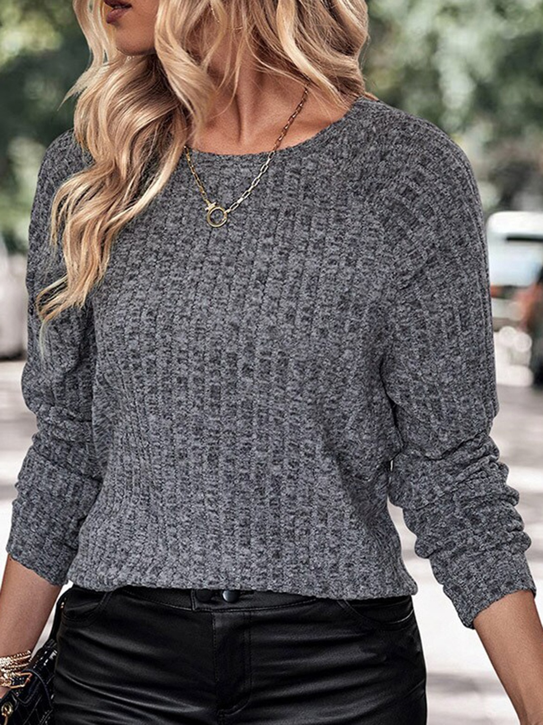 

StyleCast Grey Self Design Round Neck Long Sleeves Top