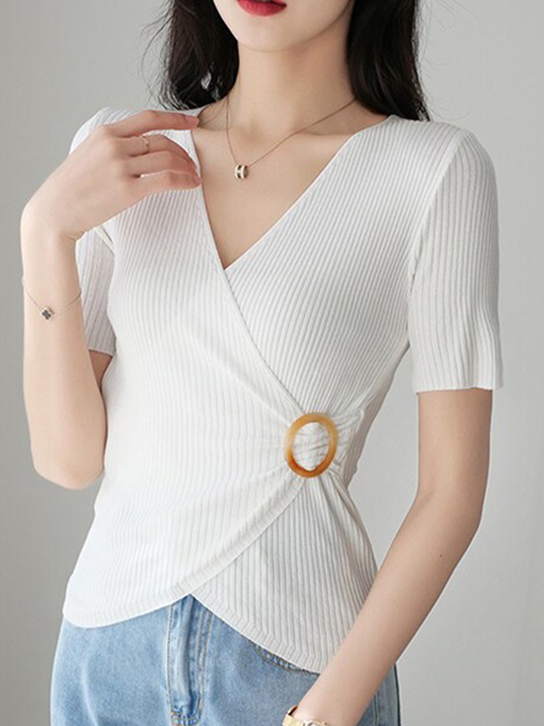 

StyleCast White Striped V-Neck Wrap Top