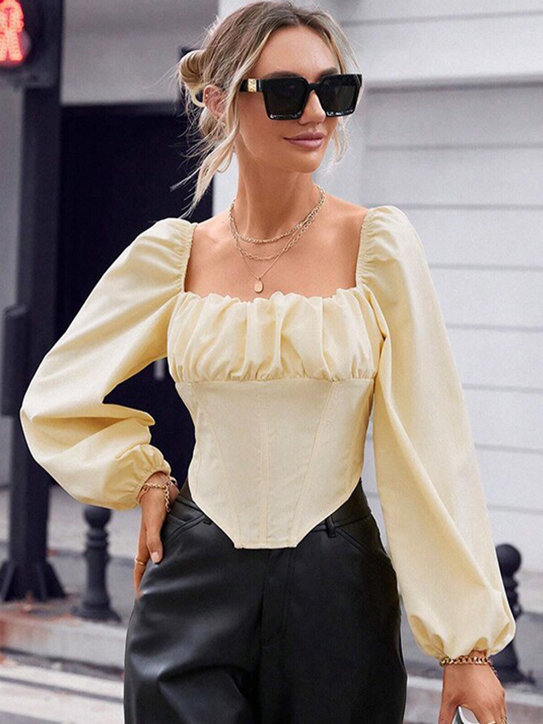 

StyleCast Yellow Square Neck Puff Sleeves Gathered Detail Fitted Crop Top