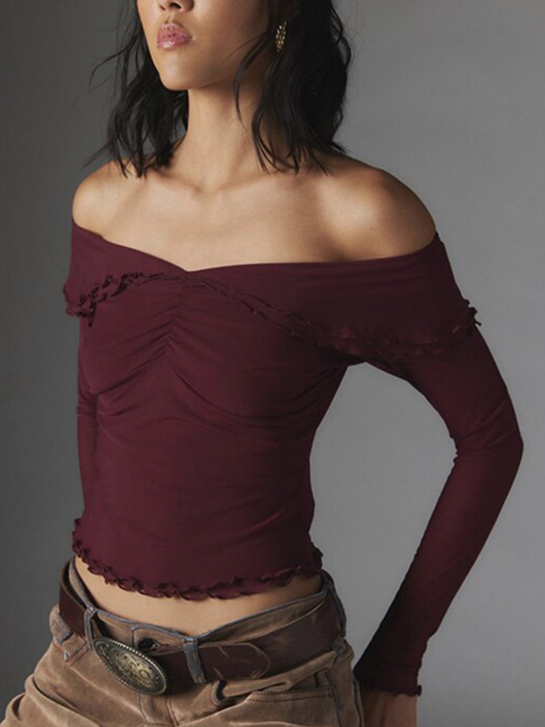 

StyleCast Maroon Off-Shoulder Ruffles Bardot Crop Top