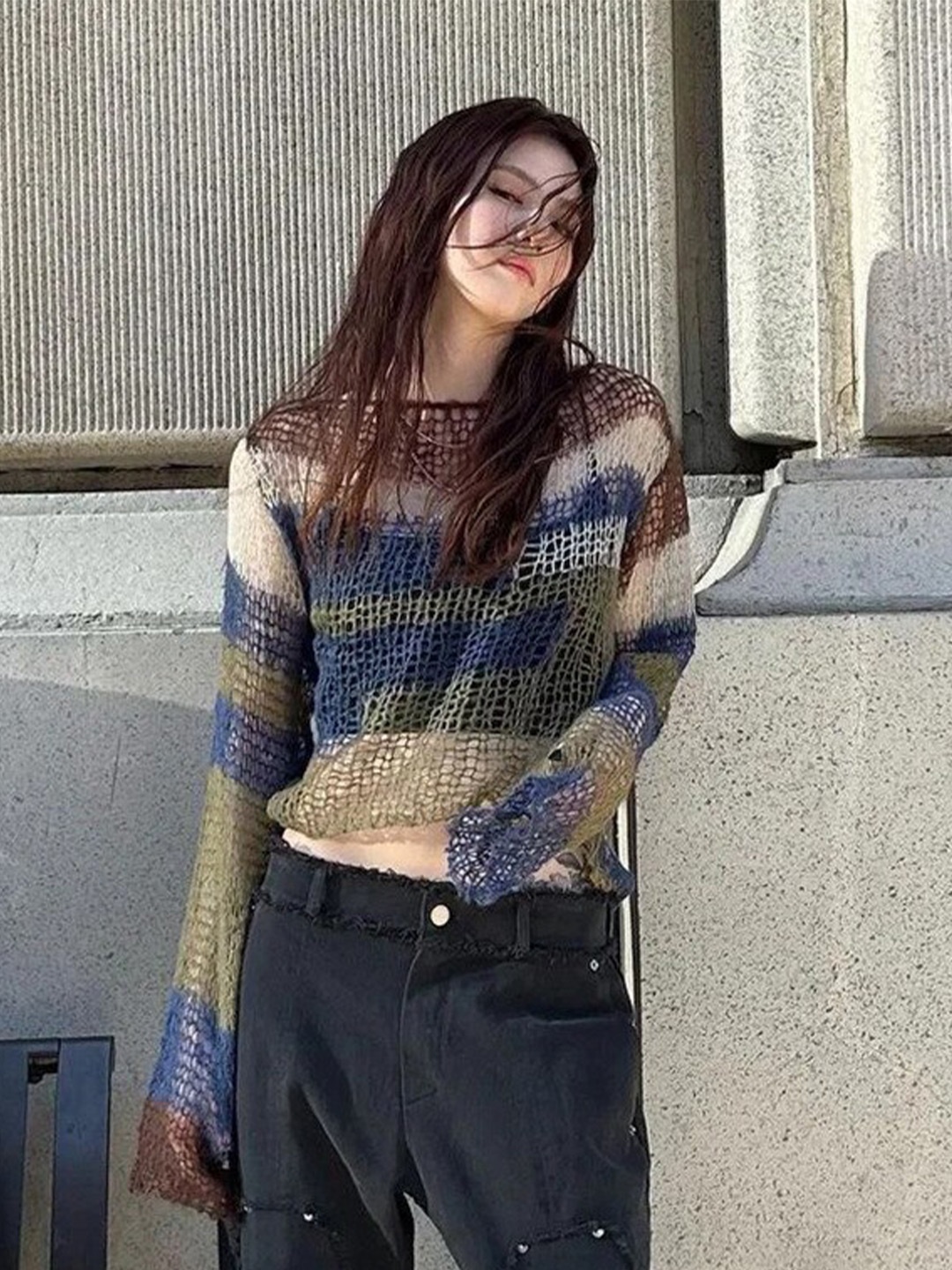 

StyleCast Green Horizontal Striped Sheer Acrylic Fitted Crop Top