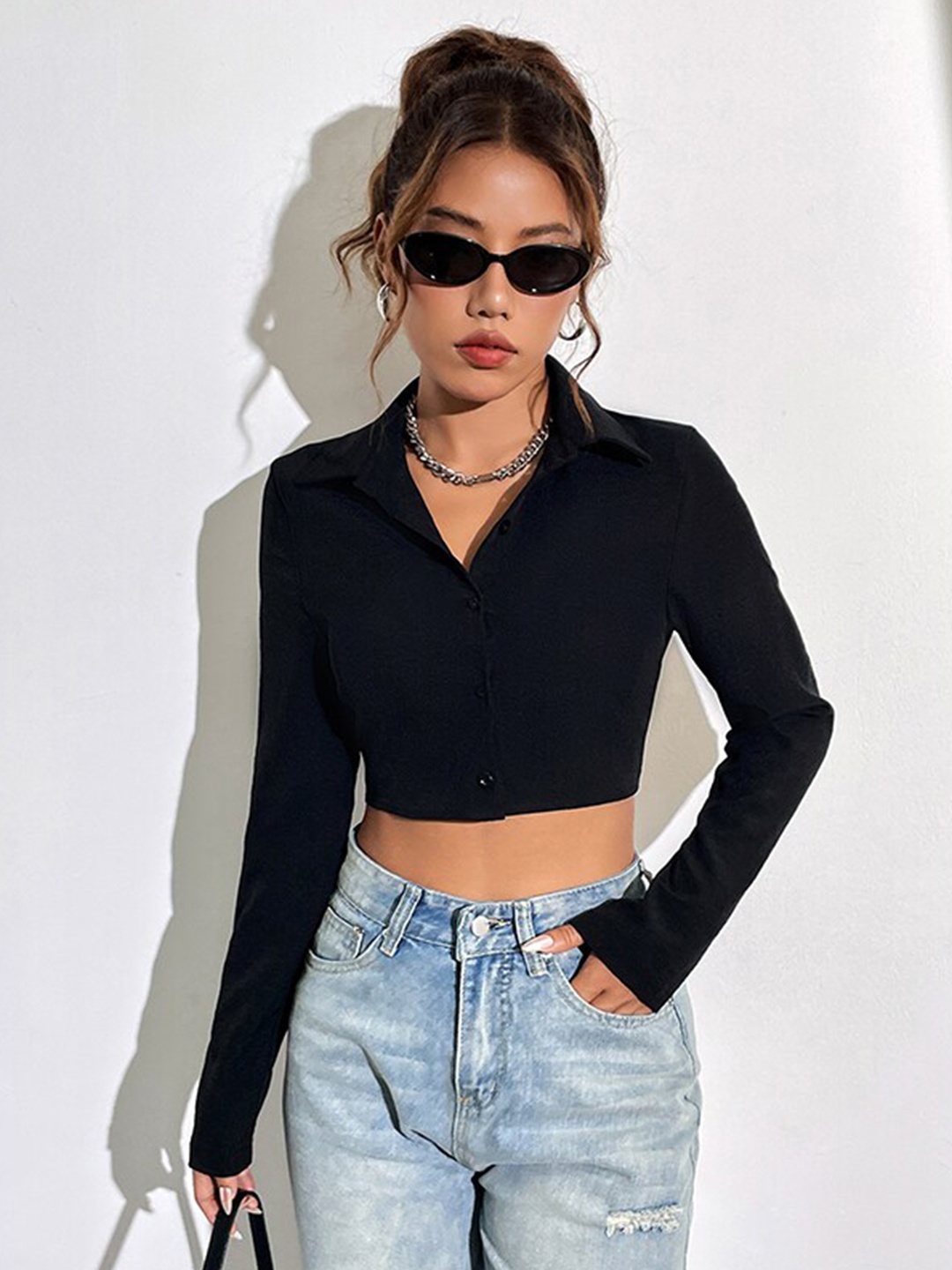 

StyleCast Shirt Style Crop Top, Black
