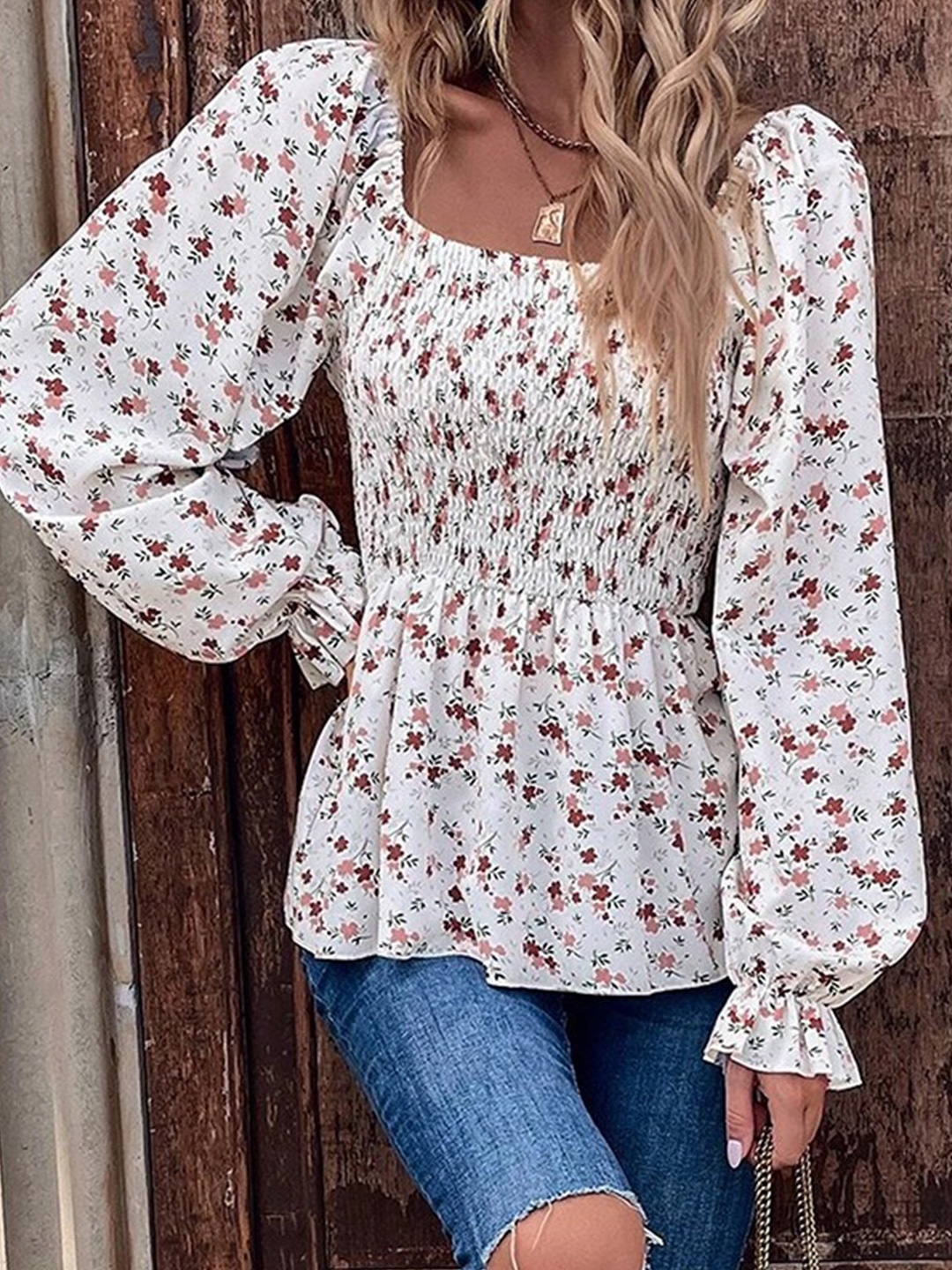 

StyleCast Pink Floral Printed Square Neck Puff Sleeves Smocking Detail Peplum Top