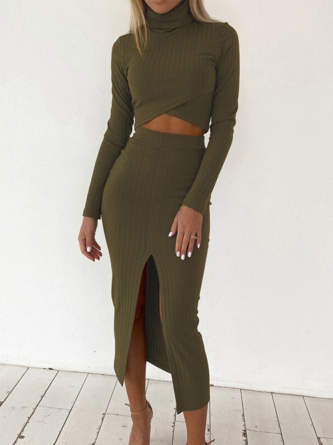 

StyleCast Olive Green High Neck Crop Top With Skirt