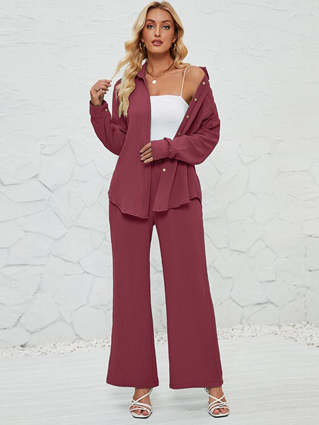 

StyleCast Mauve Shirt Collar Long Sleeve Shirt With Palazzos