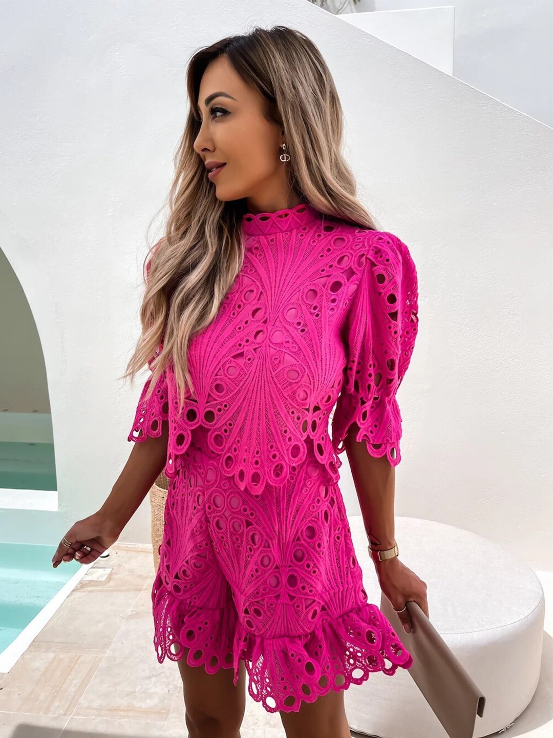 

StyleCast Fuchsia Self Design High Neck Top With Shorts