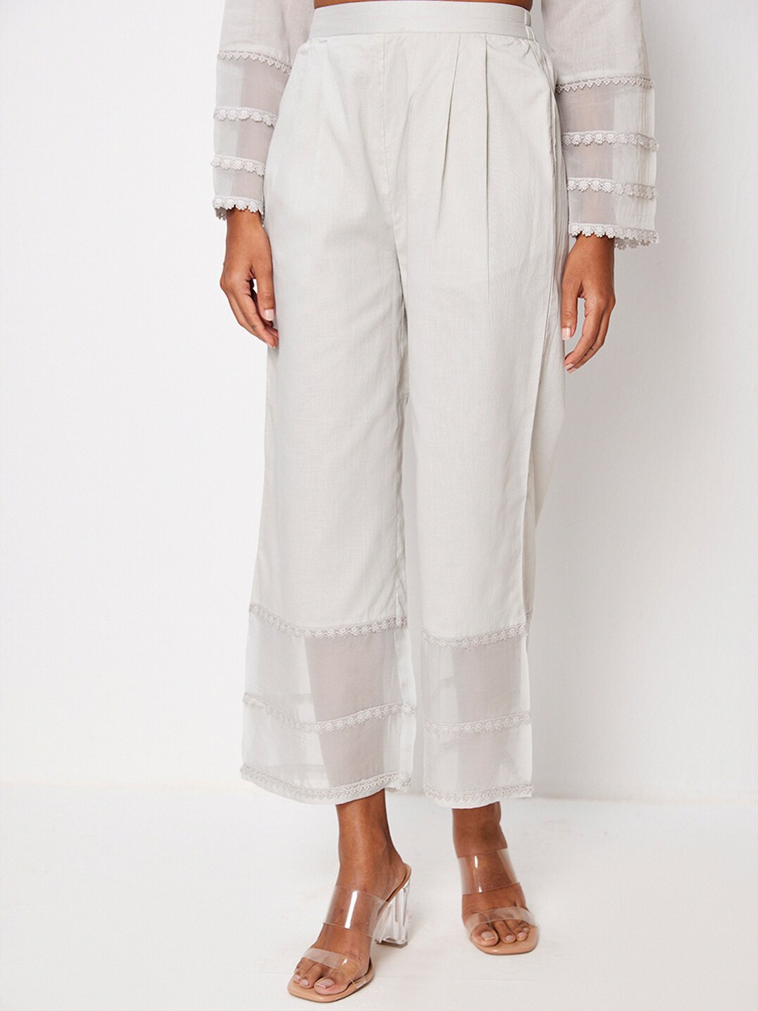

Ancestry Women Straight Fit Lace Detailed Pleated Cotton Organza Parallel Trousers, Grey