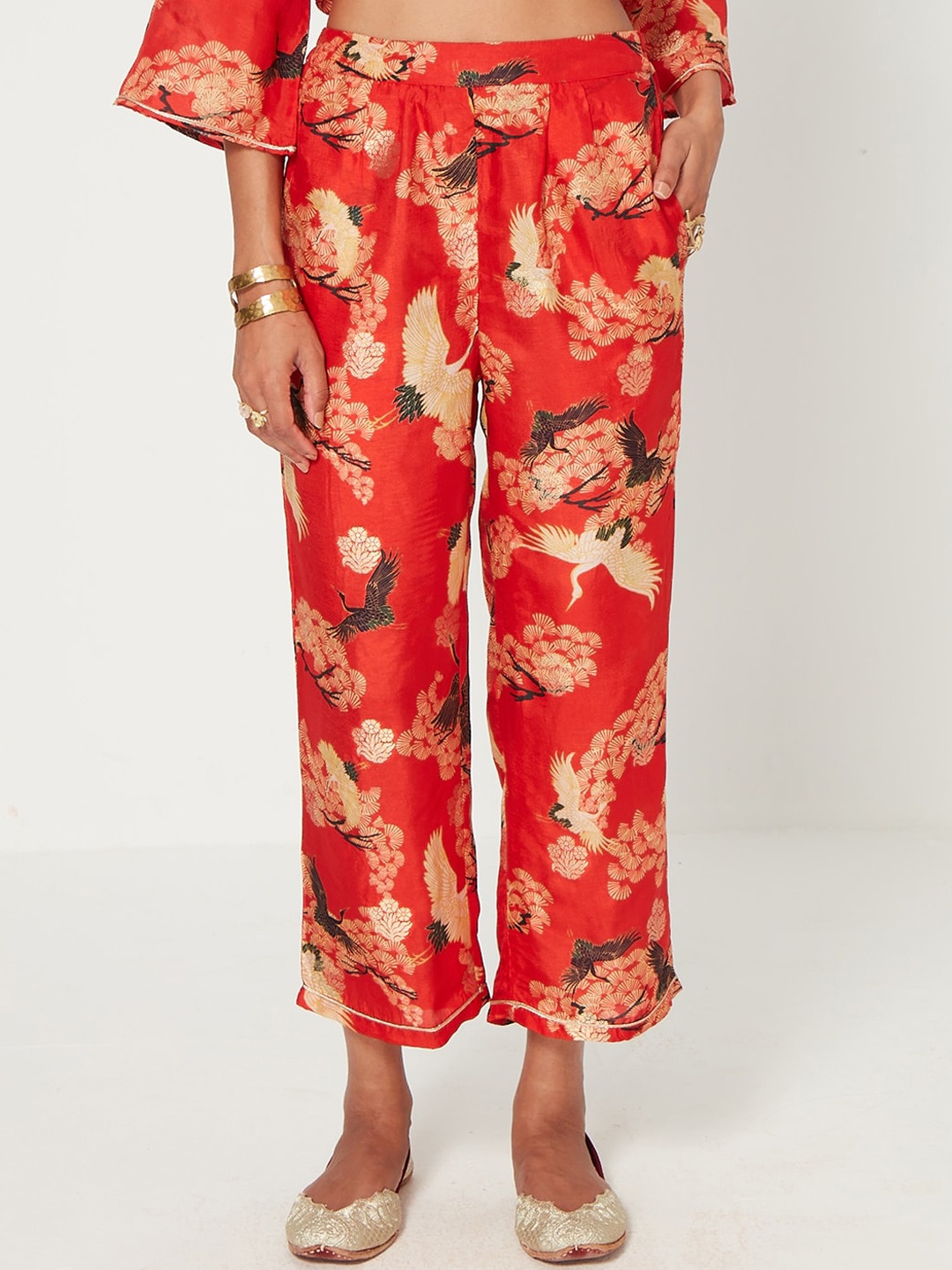 

Ancestry Women Floral Printed Pleated Parallel Trousers, Red