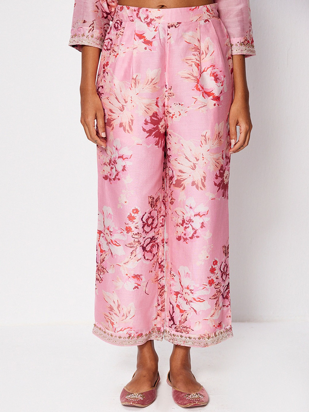 

Ancestry Women Floral Printed Silk Parallel Trousers, Pink