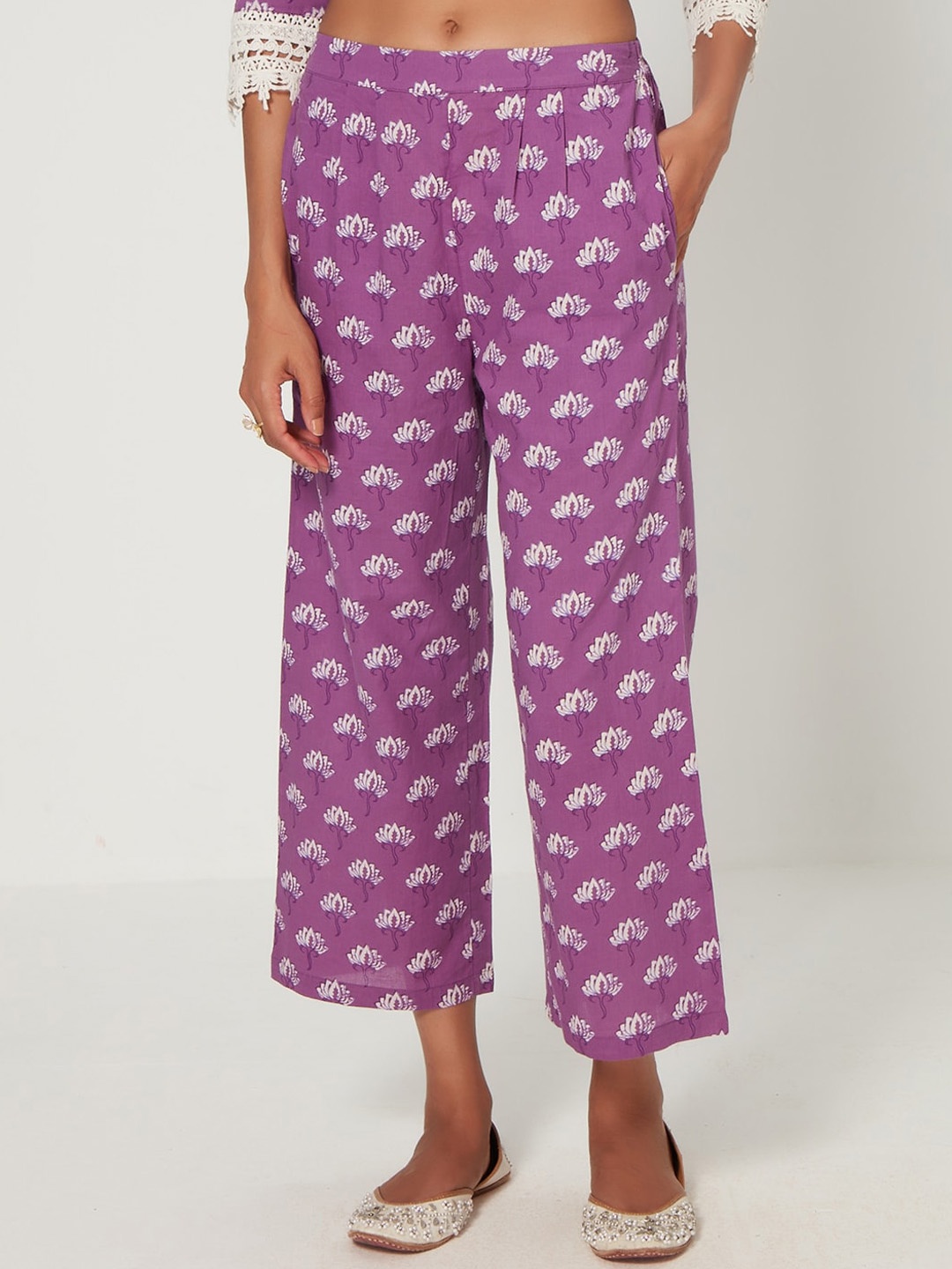 

Ancestry Women Floral Printed Mid-Rise Cotton Trousers, Purple