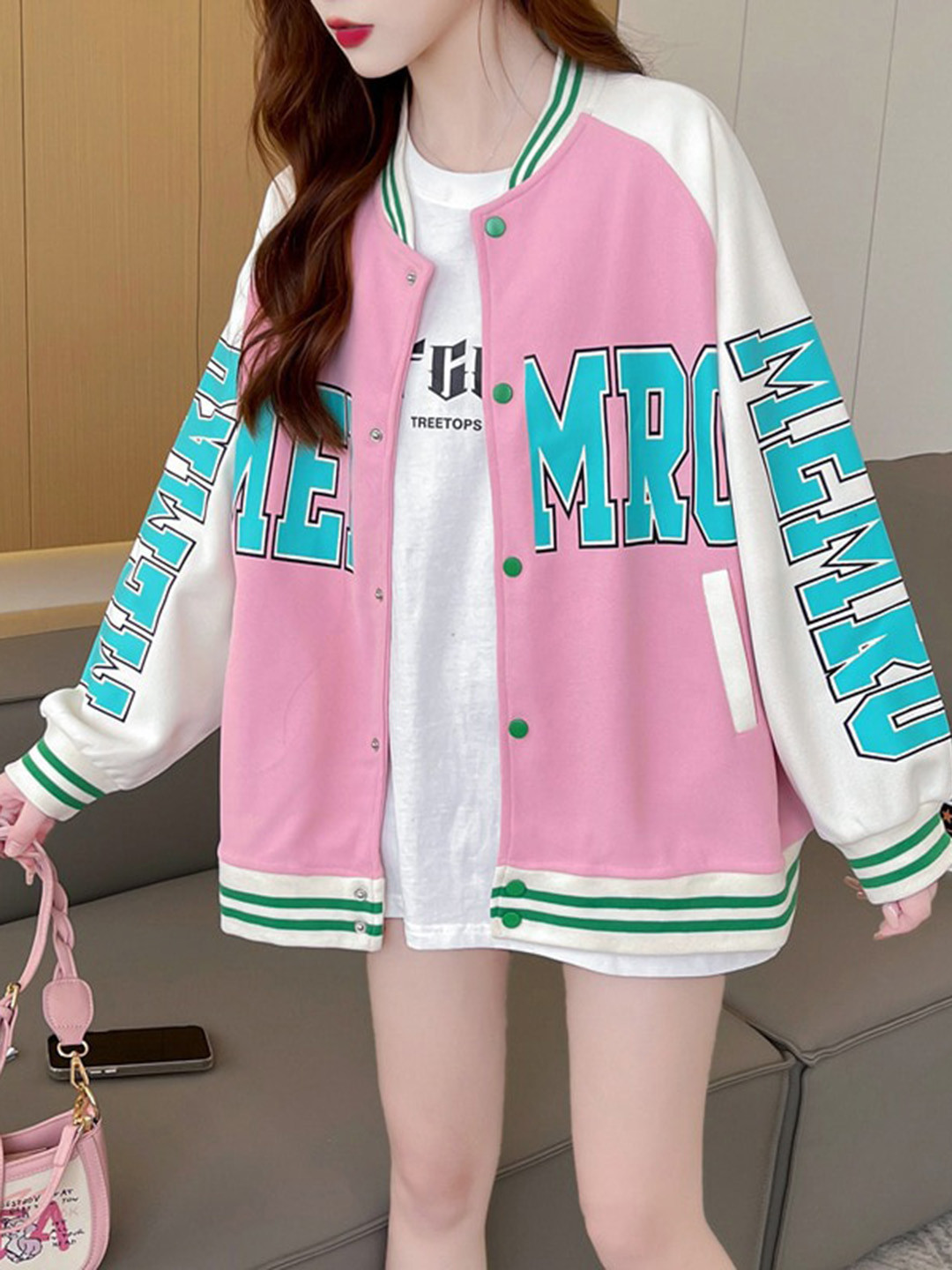

StyleCast Pink Stand Collar Long Sleeve Dry Fit Varsity Jacket
