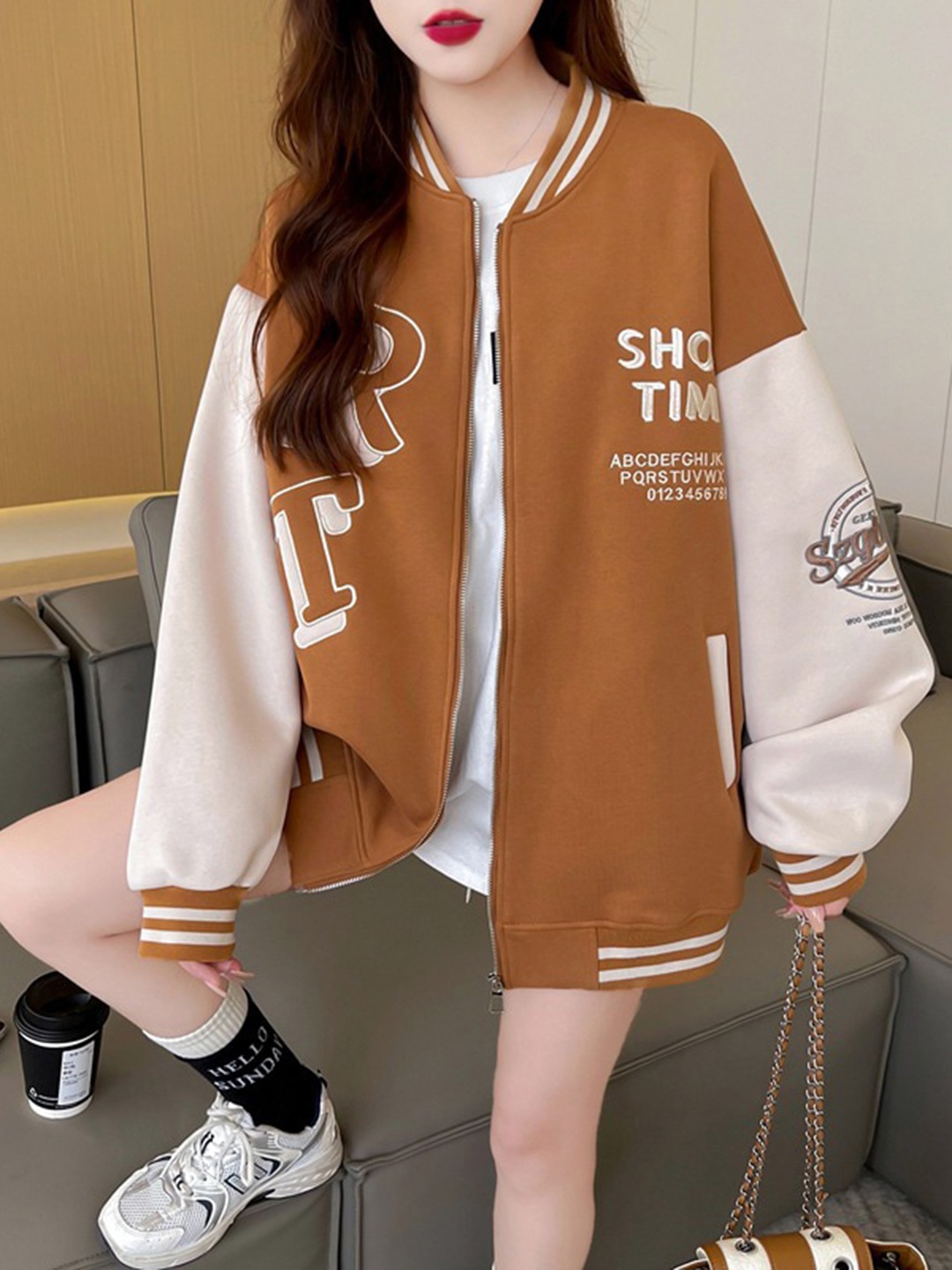 

StyleCast Khaki Dry Fit Typography Printed Cotton Mock Collar Varsity Jacket