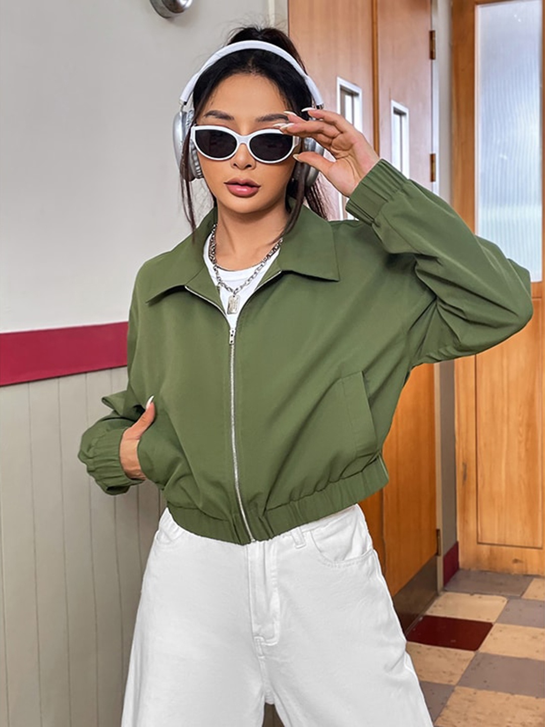 

StyleCast Green Spread Collar Crop Bomber Jacket