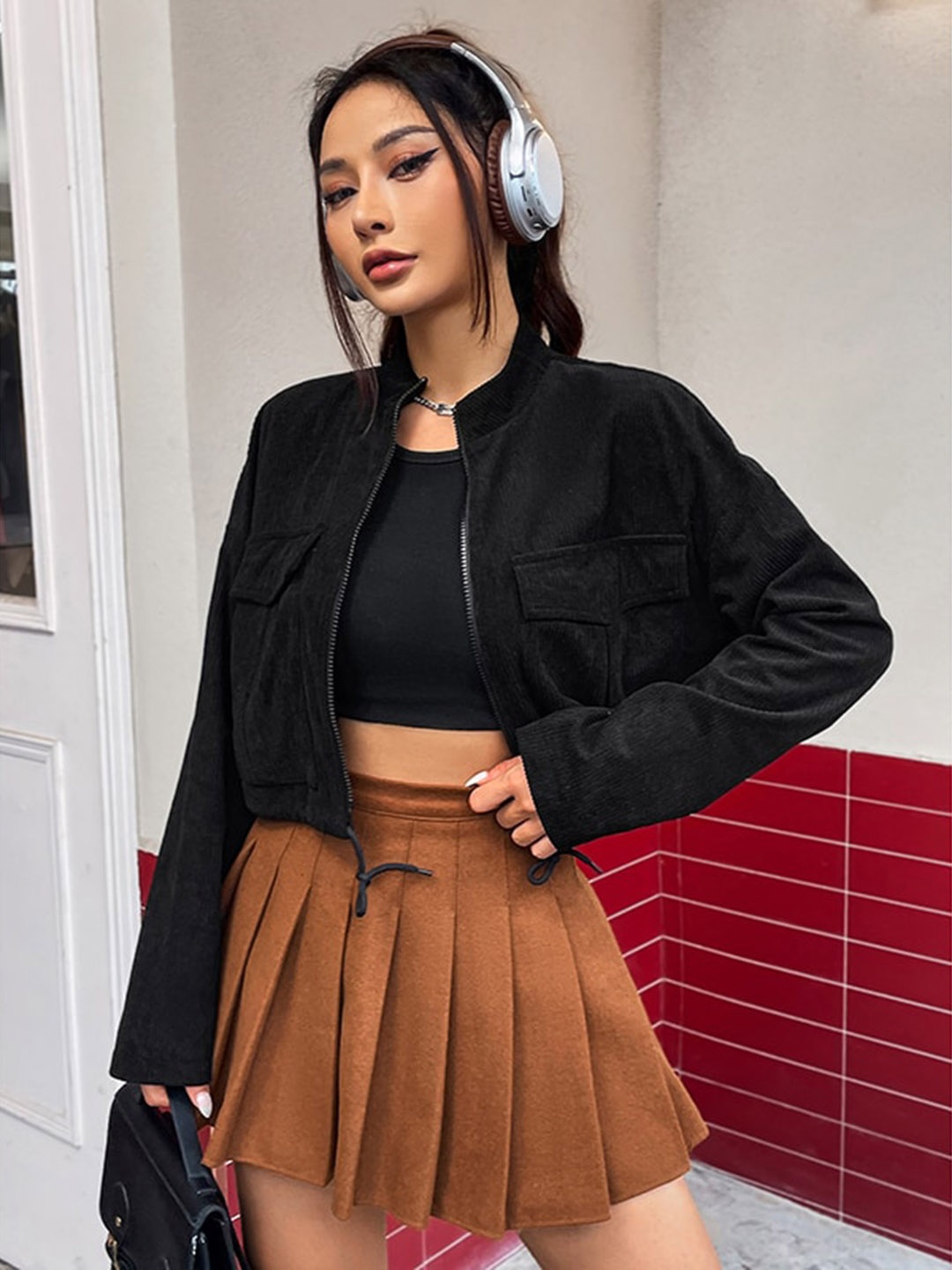

StyleCast Black Mock Collar Crop Open Front Jacket