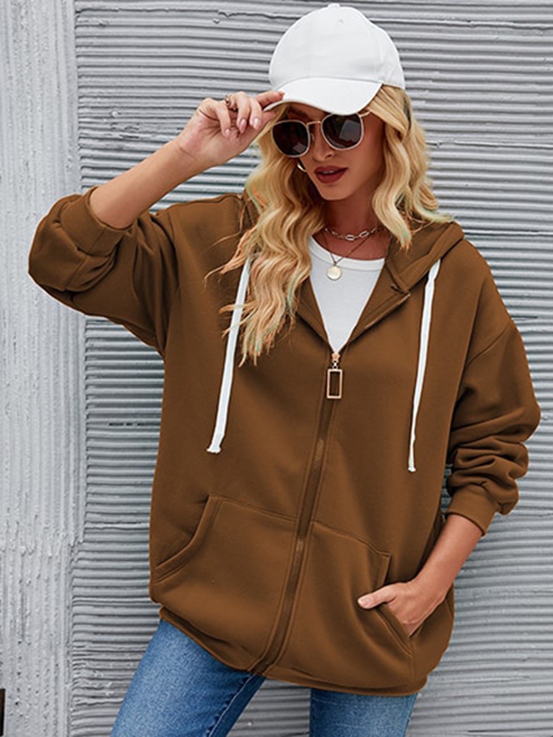 

StyleCast Brown Hooded Longline Front-Open Sweatshirt