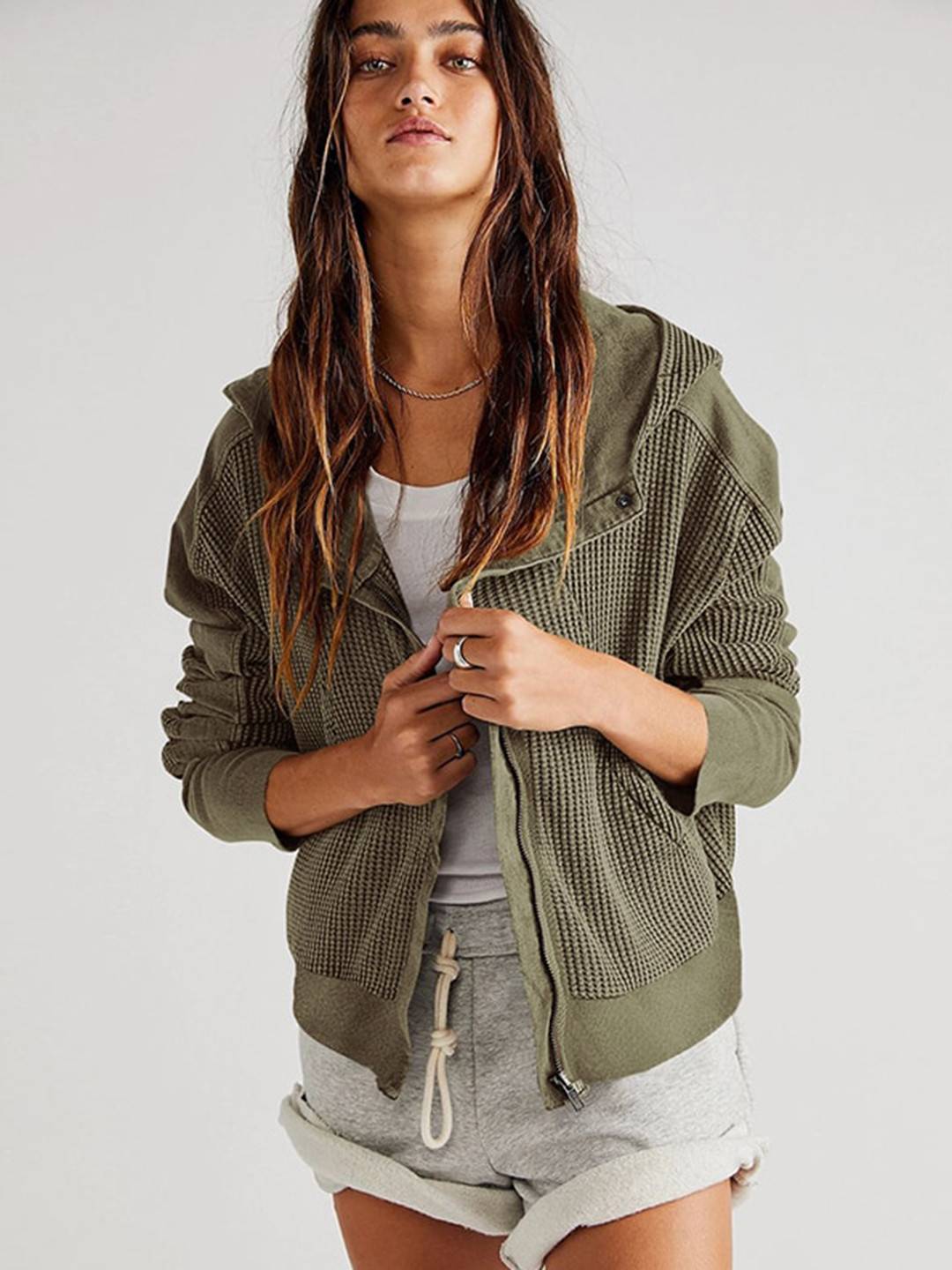 

StyleCast Green Self Design Hooded Bomber Jacket
