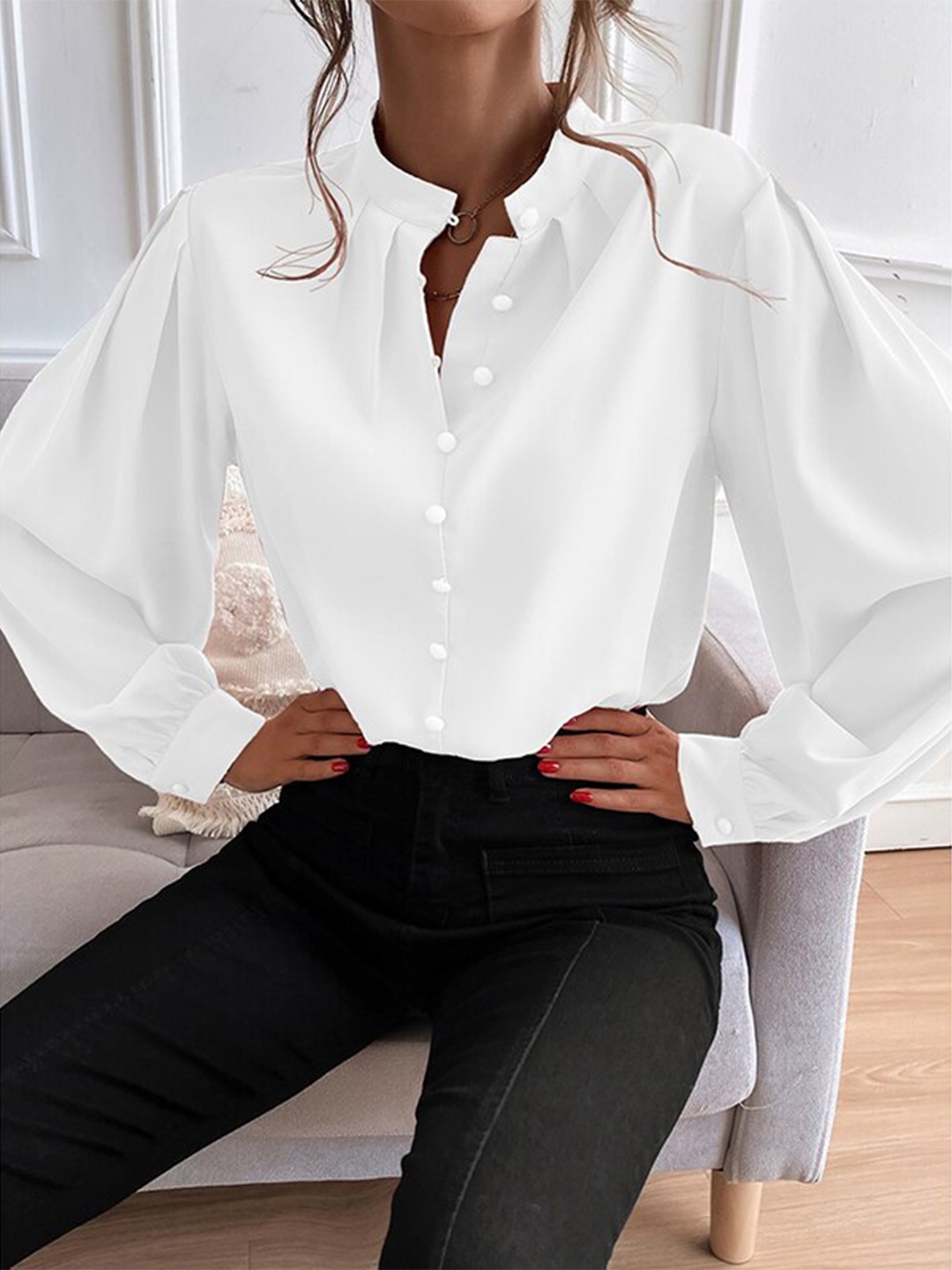 

StyleCast White Band Collar Casual Shirt Style Top