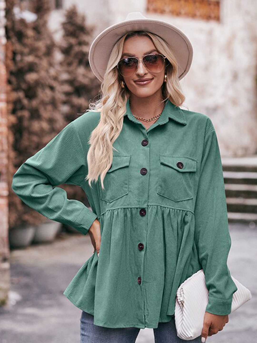

StyleCast Green Shirt Collar Gathered or Pleated Shirt Style Top