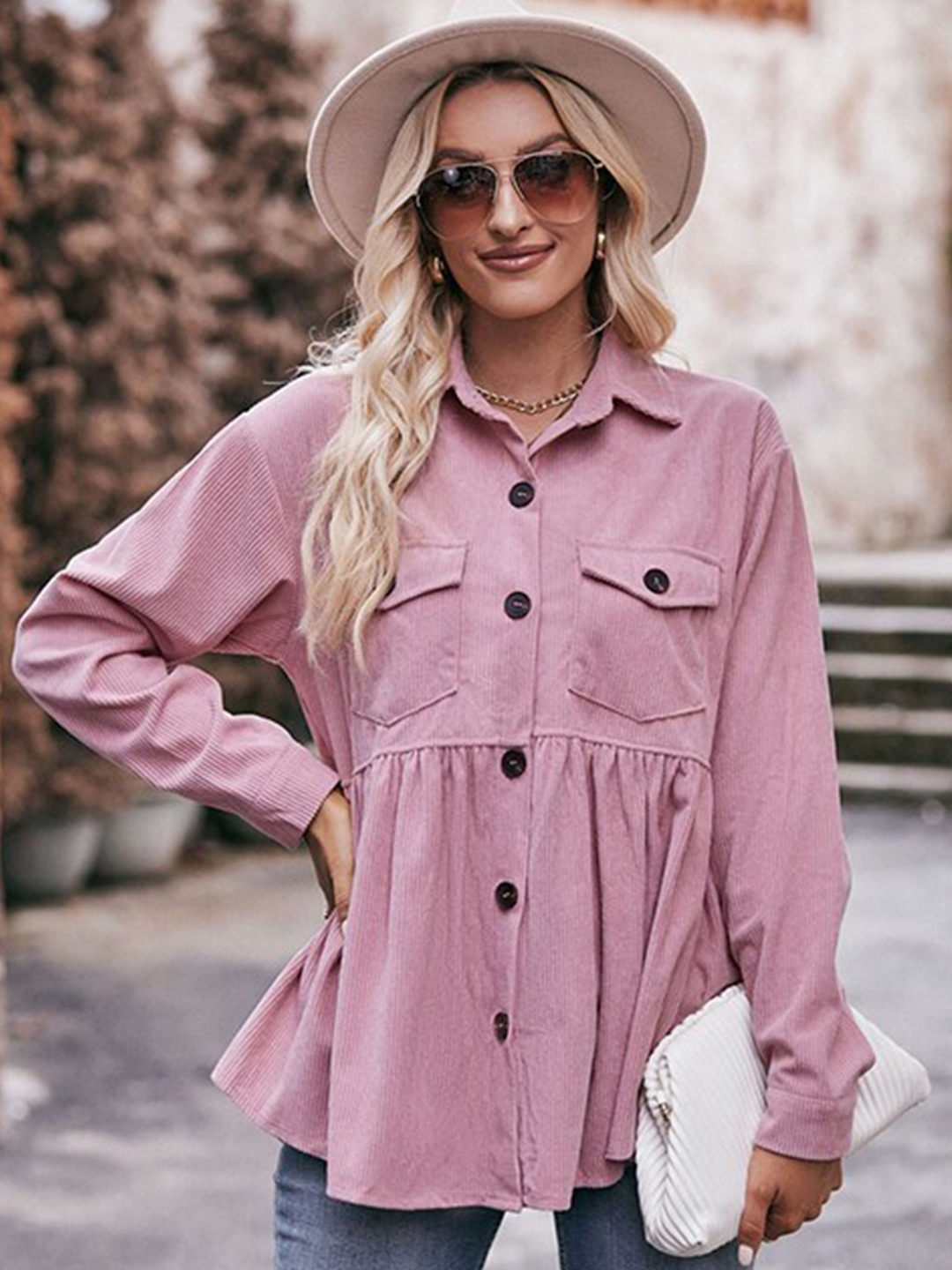 

StyleCast Pink Shirt Collar Gathered Detailed A-Line Top