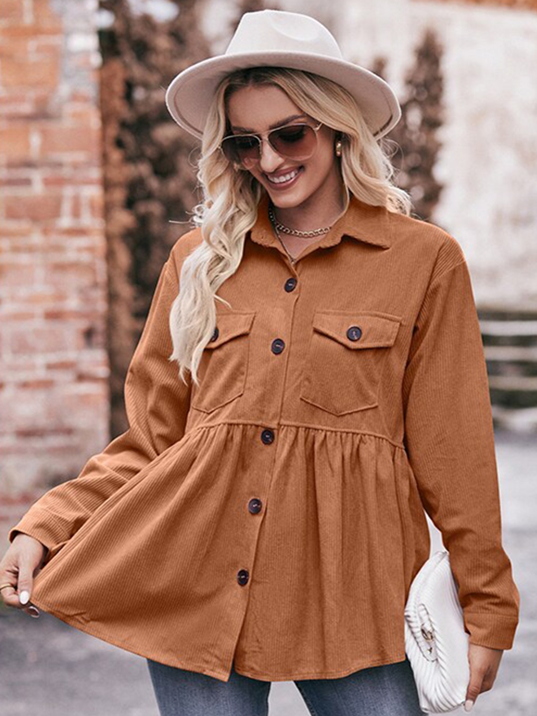 

StyleCast Brown Shirt Collar Long Sleeve Gathered Shirt Style Top