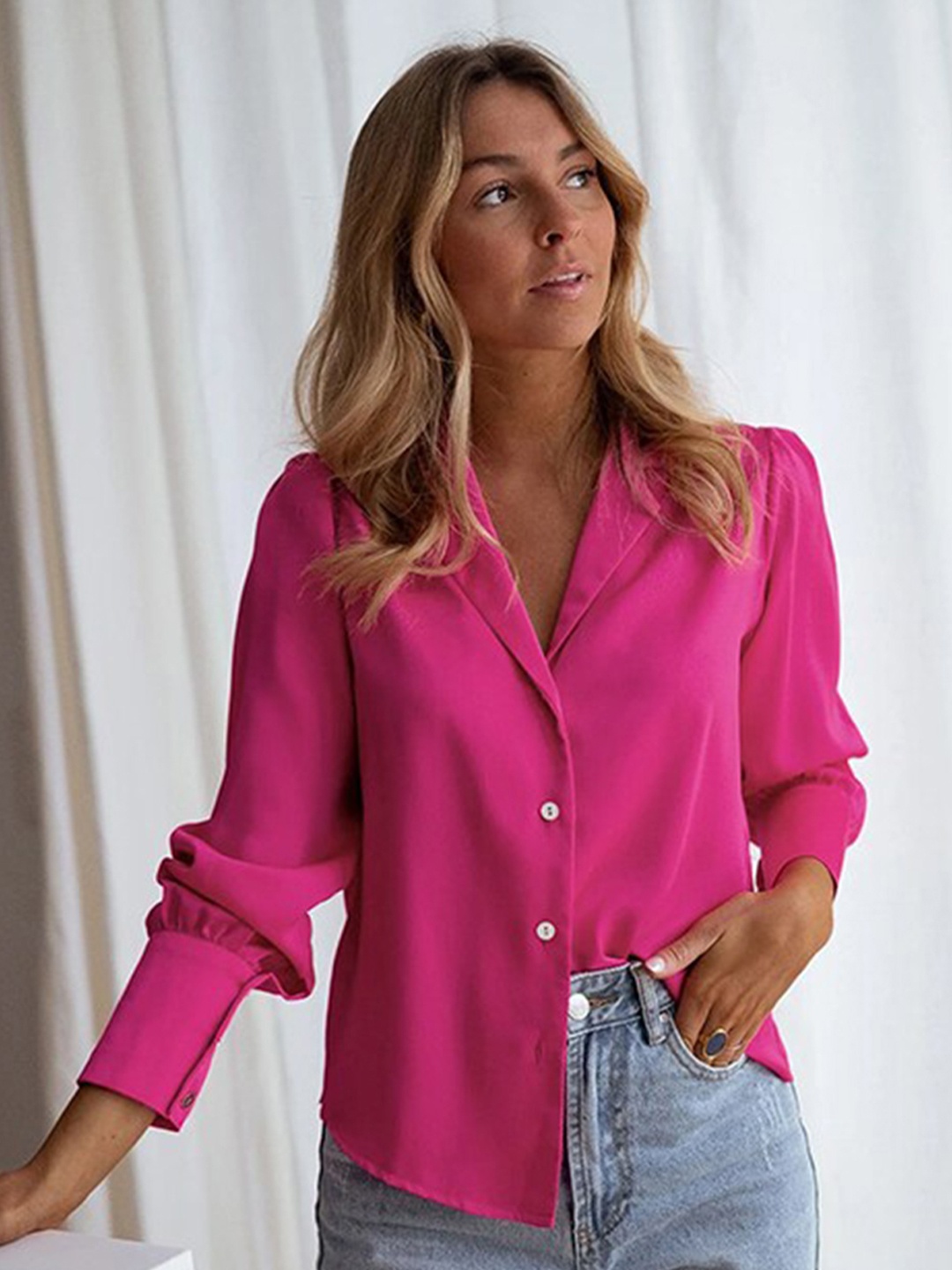 

StyleCast Fuchsia Cuban Collar Skinny Fit Casual Shirt