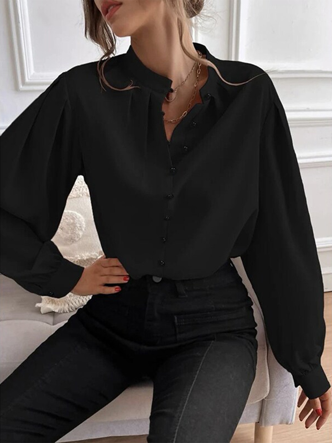 

StyleCast Black Mandarin Collar Casual Shirt