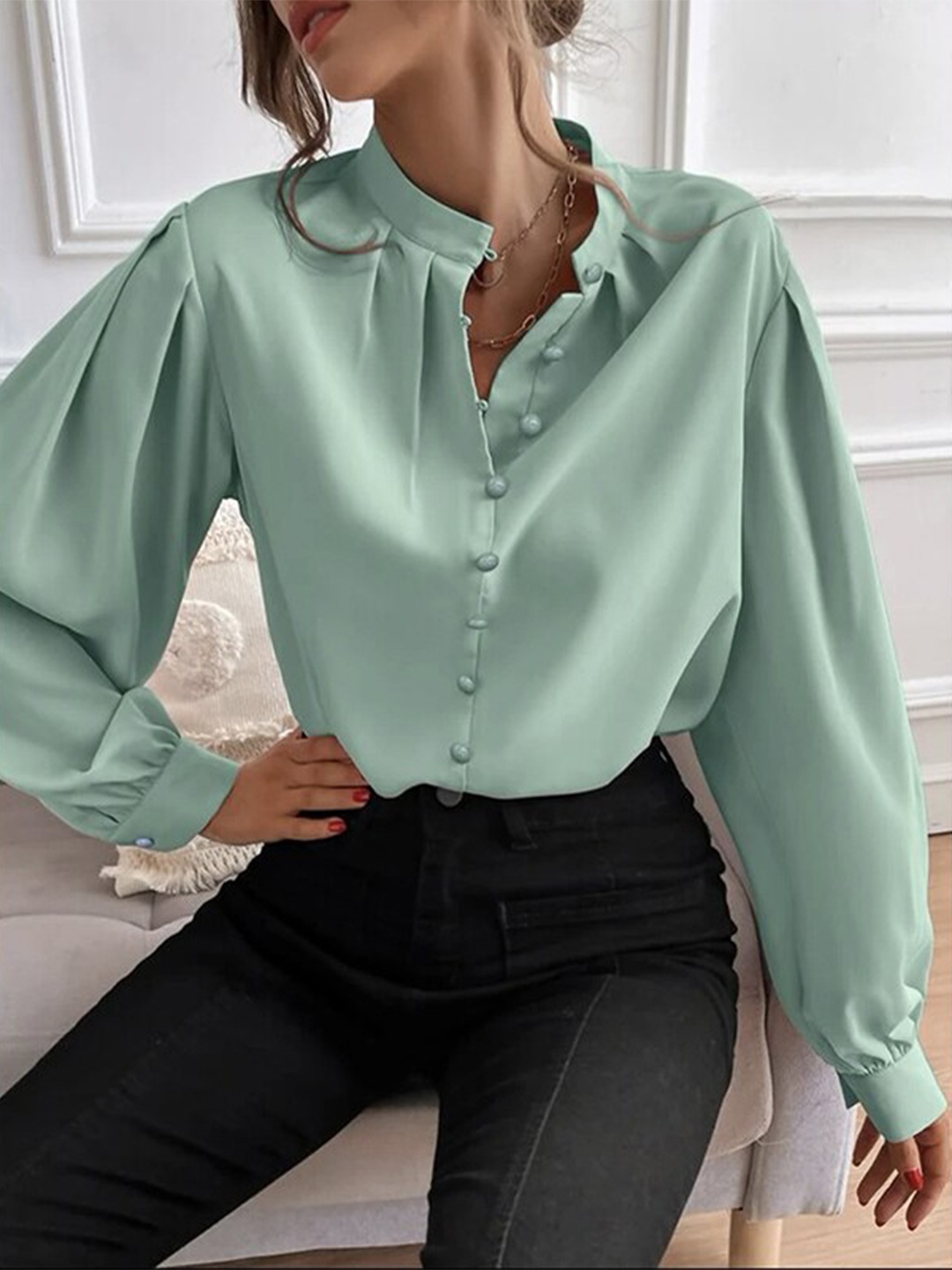 

StyleCast Green Mandarin Collar Casual Shirt