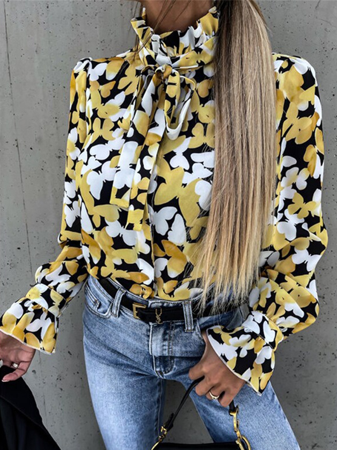 

StyleCast Yellow Floral Printed High Neck Puff Sleeves Regular Top