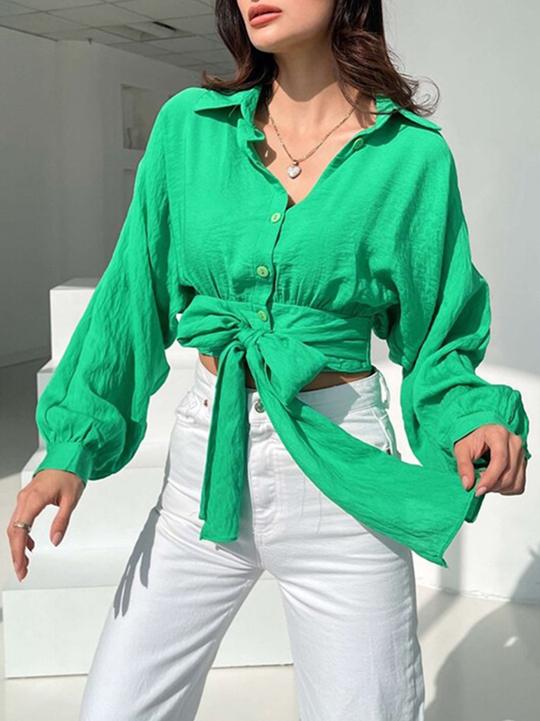 

StyleCast Green Shirt Collar Puff Sleeves Waist Tie-Ups Shirt Style Top