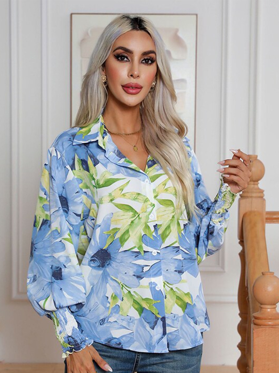 

StyleCast Blue Floral Printed Shirt Collar Puff Sleeves Shirt Style Top