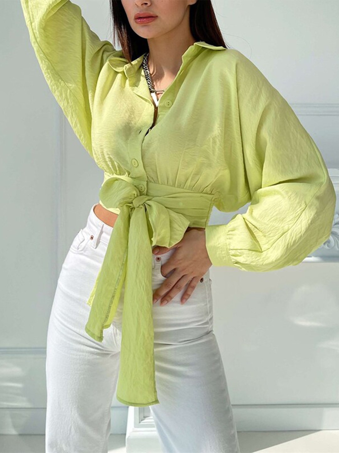 

StyleCast Lime Green Slim Fit Tie-Up Detail Casual Crop Shirt