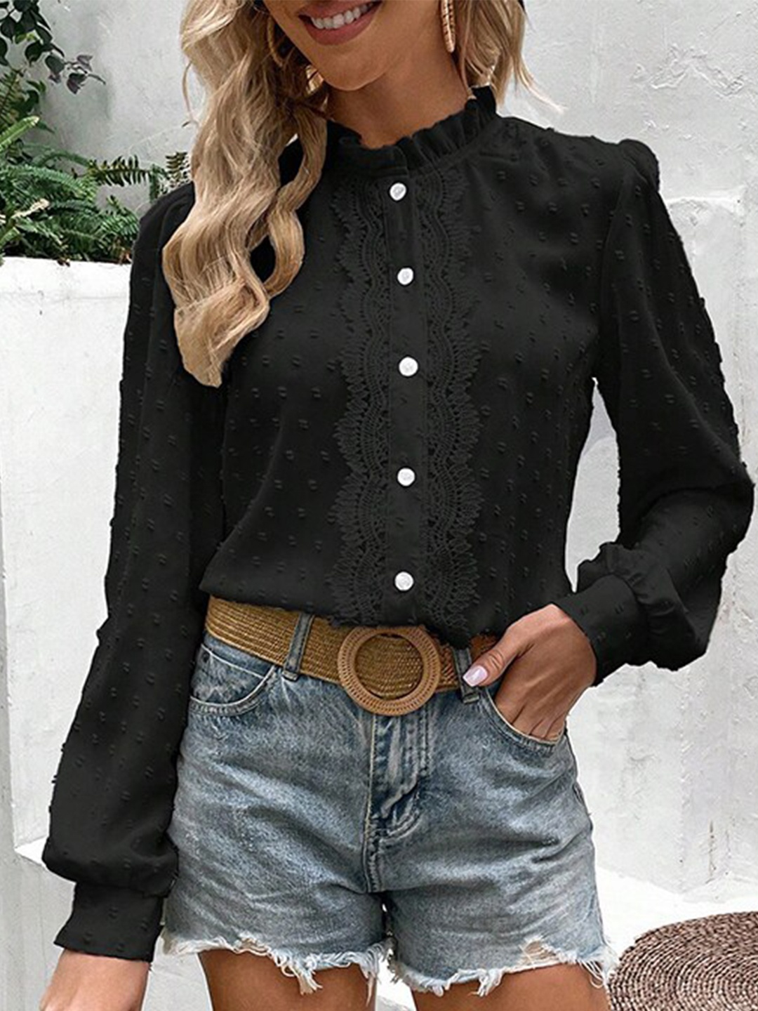 

StyleCast Black Self Design High Neck Puff Sleeves Lace Inserts Shirt Style Top