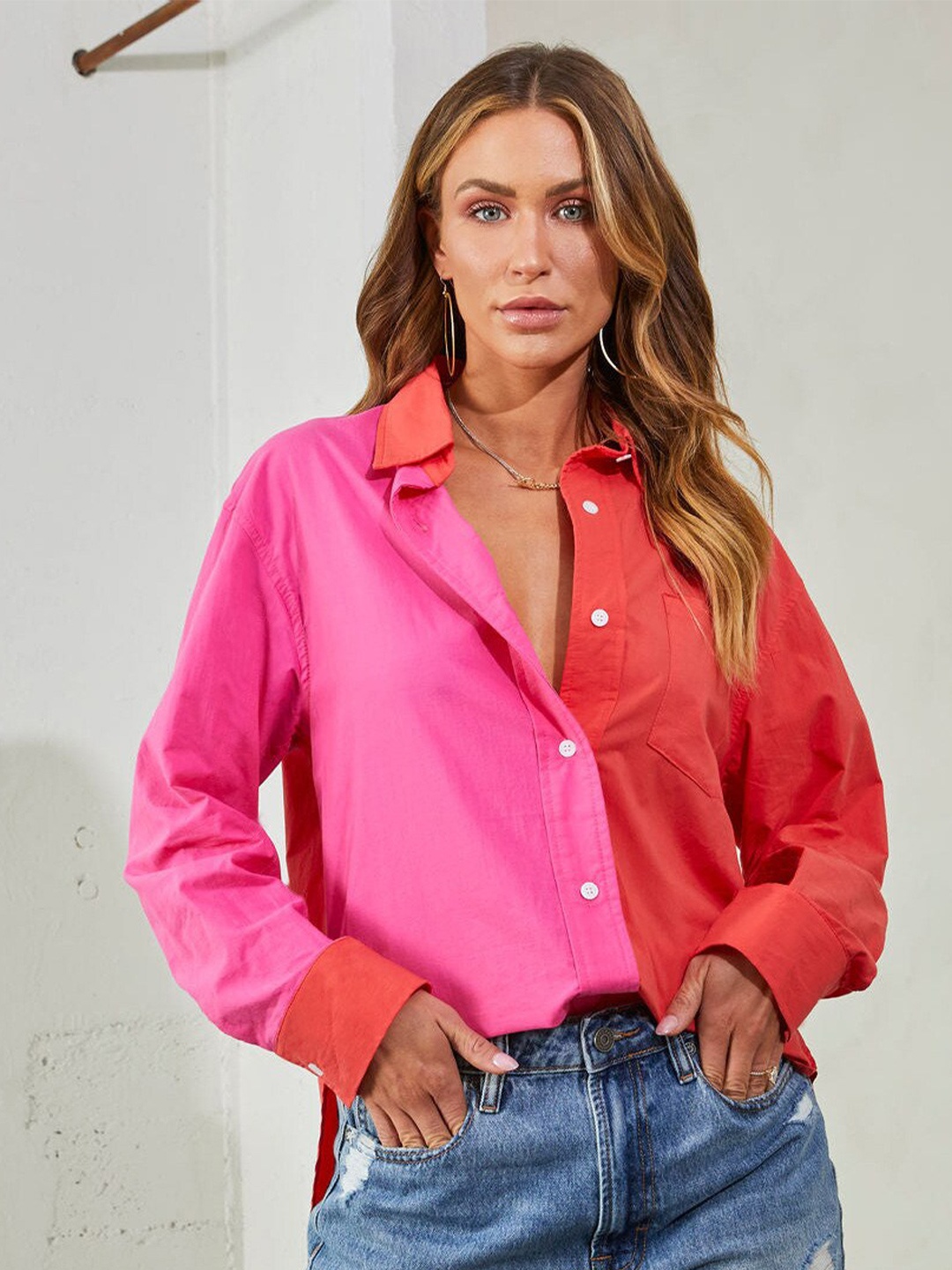 

StyleCast Pink & Red Colourblocked Spread Collar Casual Shirt