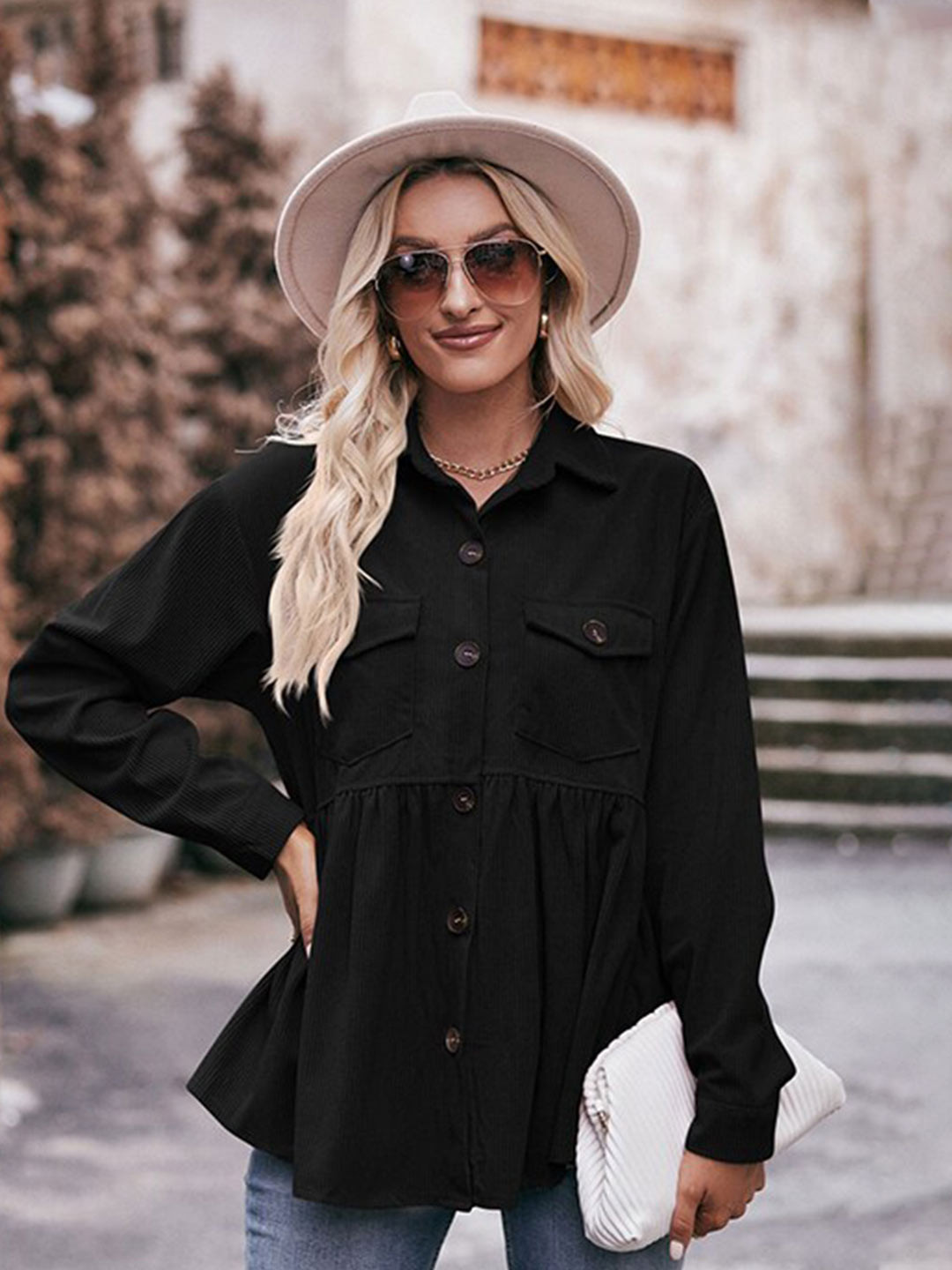 

StyleCast Brown Shirt Collar Long Sleeve Gathered Shirt Style Top, Black
