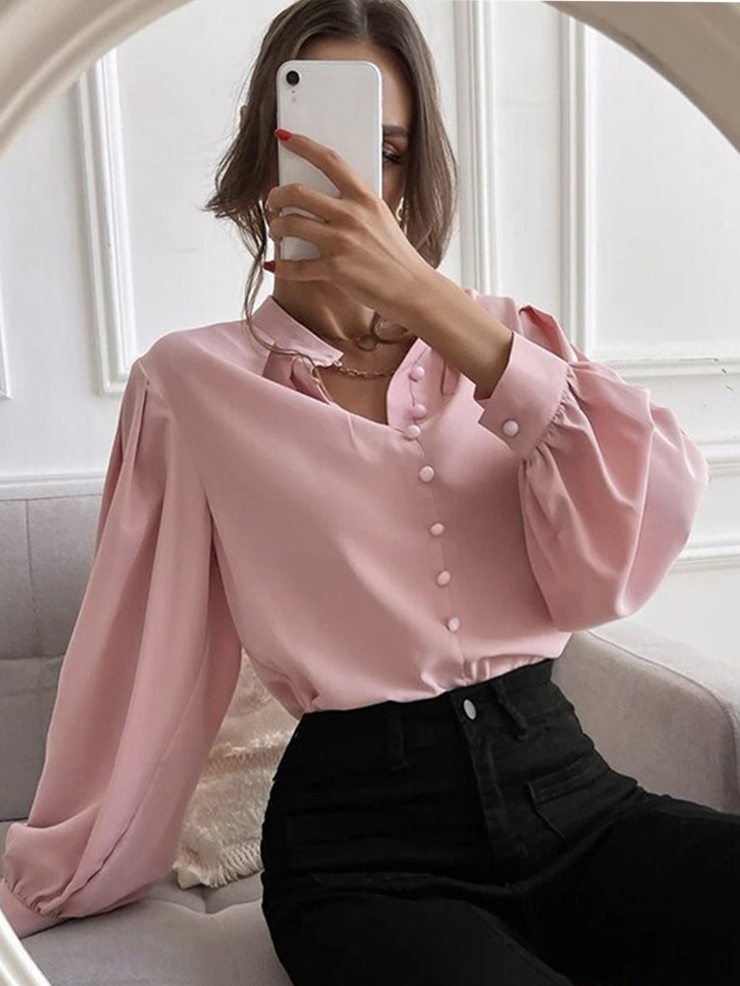 

StyleCast Pink Band Collar Regular Fit Casual Shirt Style Top