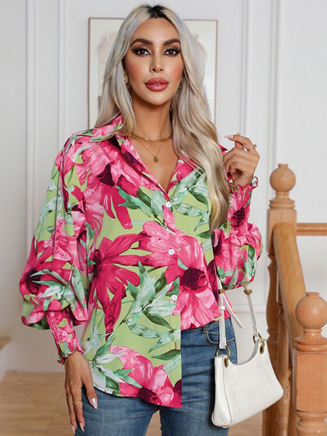 

StyleCast Green & Pink Floral Printed Puff Sleeves Spread Collar Casual Shirt