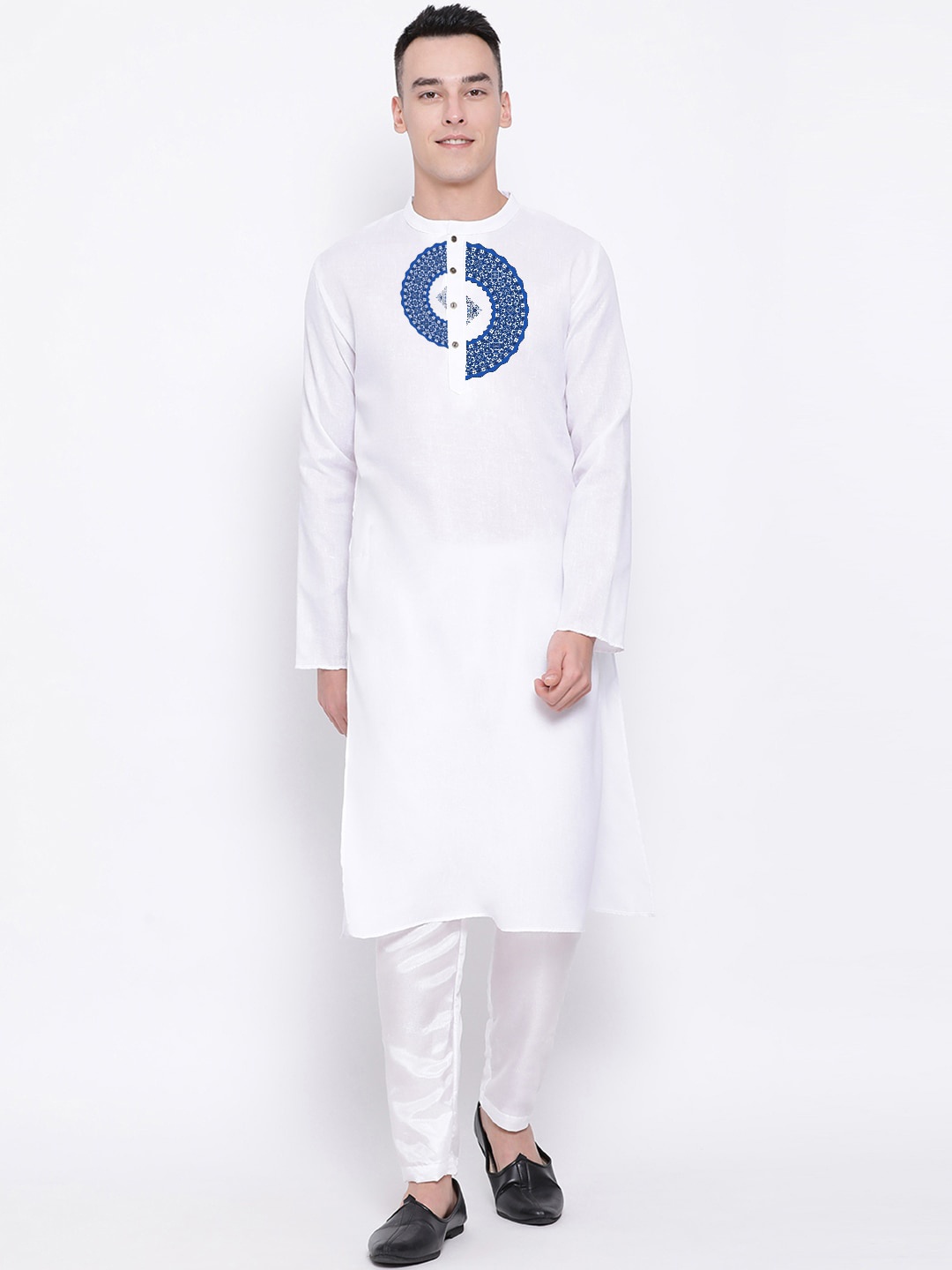 

DEVOILER Mandarin Collar Geometric Printed Straight Kurta, White