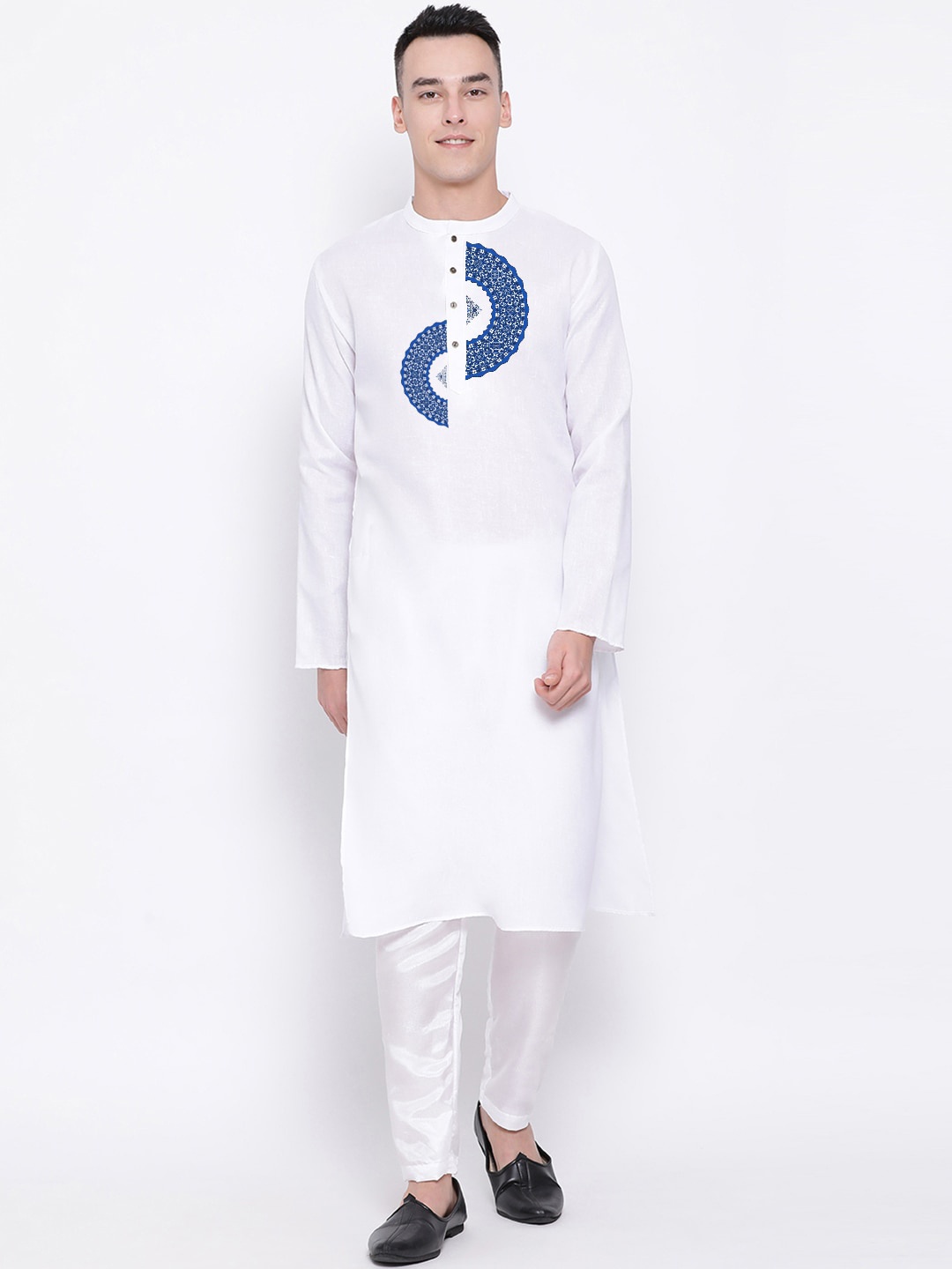 

DEVOILER Ethnic Motifs Block Printed Band Collar Cotton Straight Kurta, White