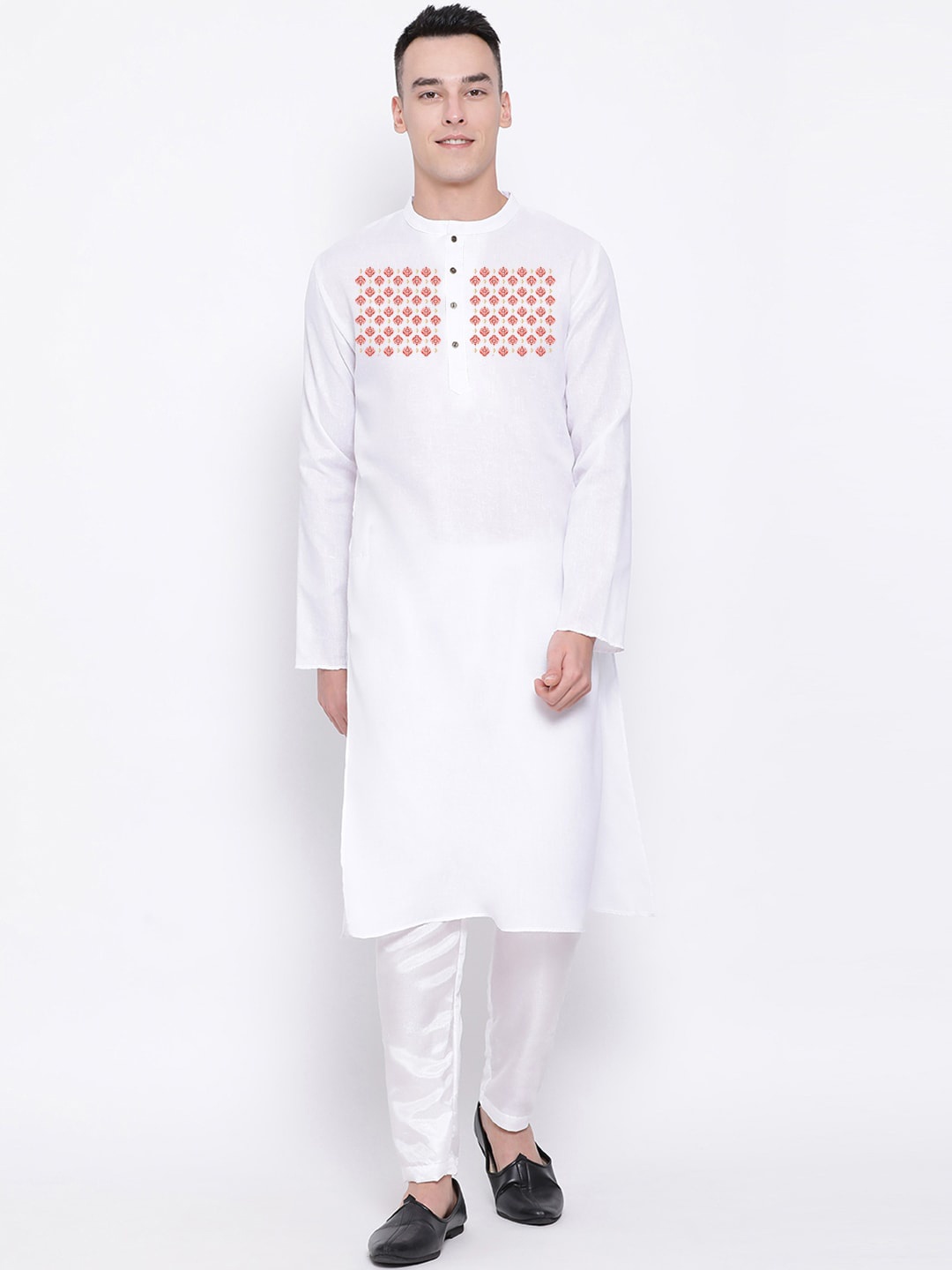 

DEVOILER Ethnic Motifs Block Printed Band Collar Cotton Straight Kurta, White