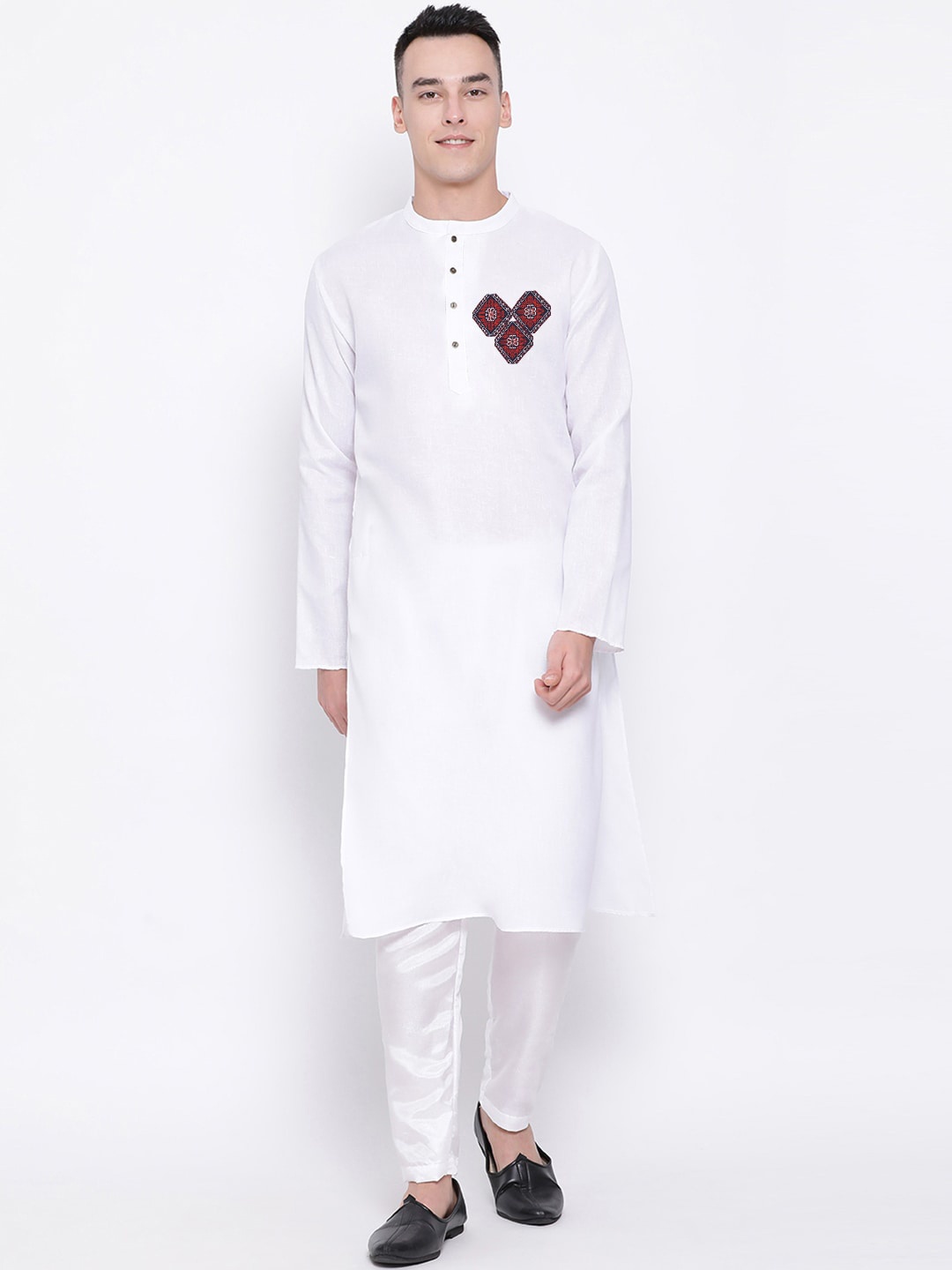 

DEVOILER Floral Block Printed Band Collar Cotton Straight Kurta, White