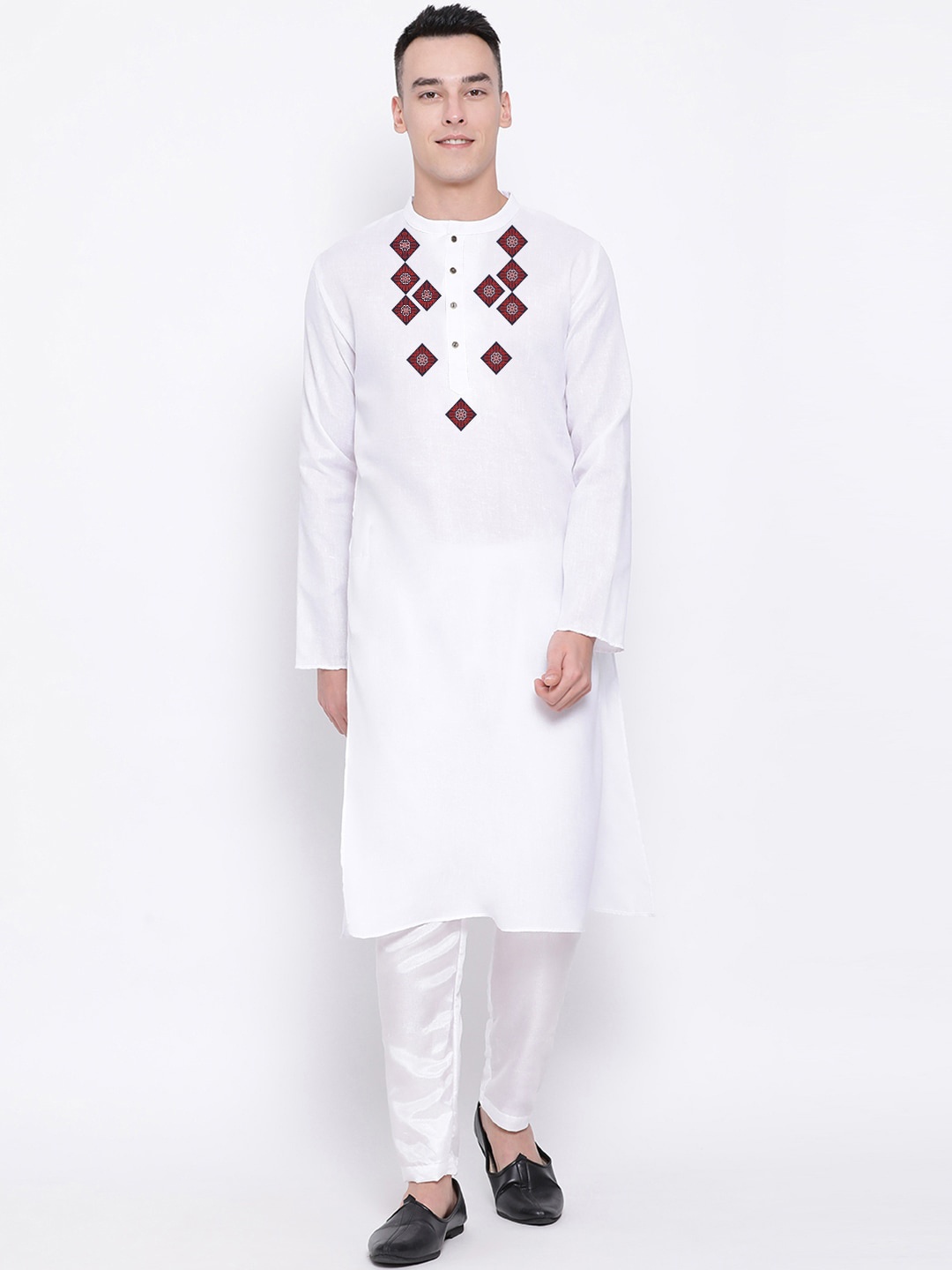

DEVOILER Ethnic Motifs Yoke Design Band Collar Straight Kurta, White