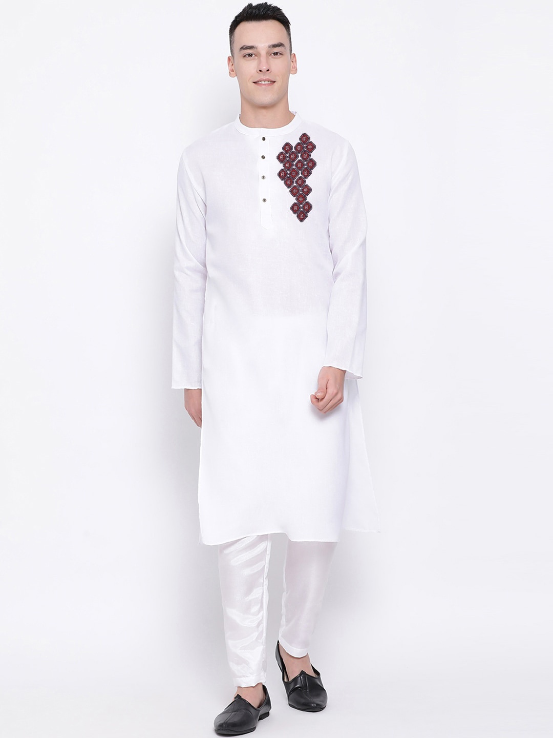 

DEVOILER Ethnic Motifs Printed Band Collar Straight Kurta, White