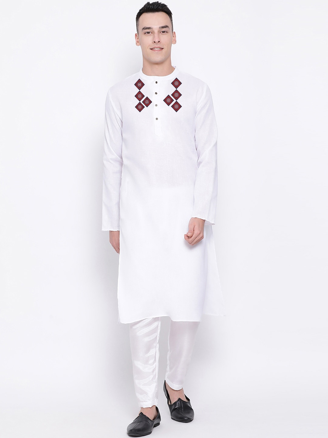 

DEVOILER Ethnic Motifs Yoke Design Band Collar Straight Kurta, White