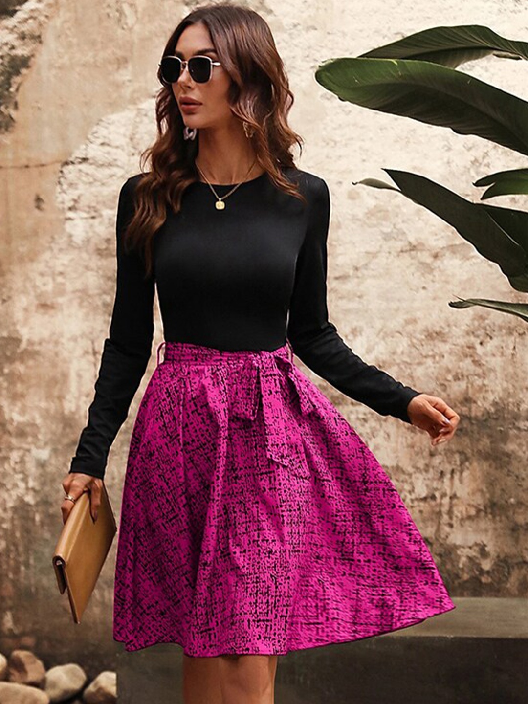 

StyleCast Pink & Black Colourblocked Belted Fit and Flare Dress