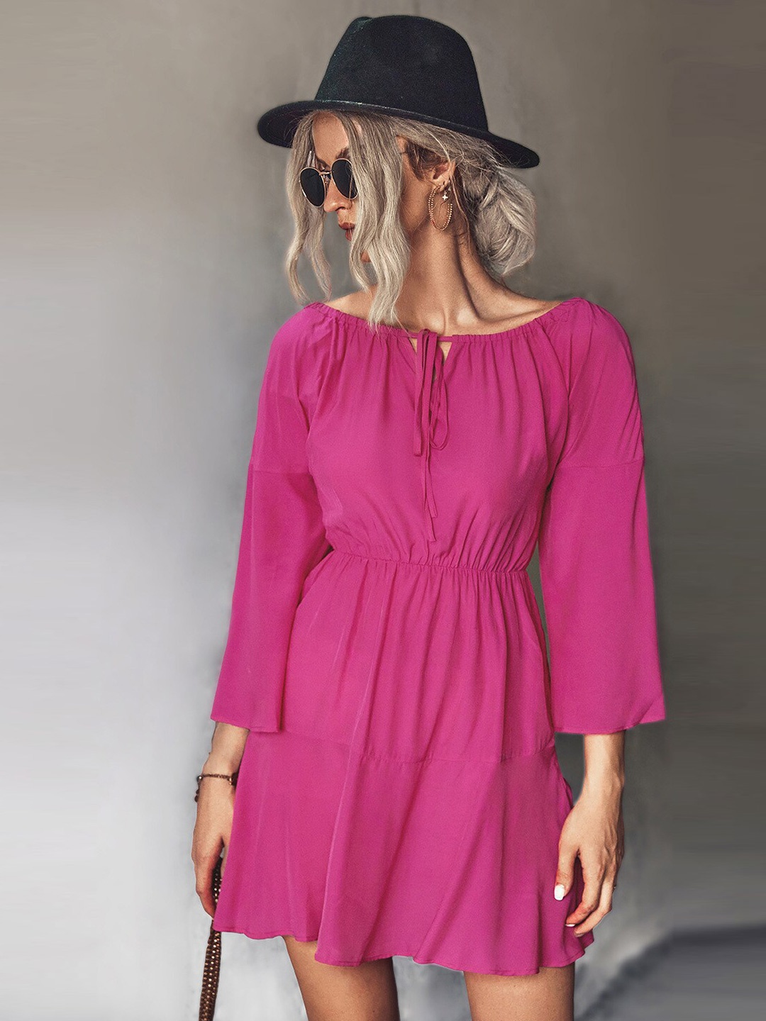 

StyleCast Pink Tie-Up Neck Flared Sleeves Fit & Flare Mini Dress