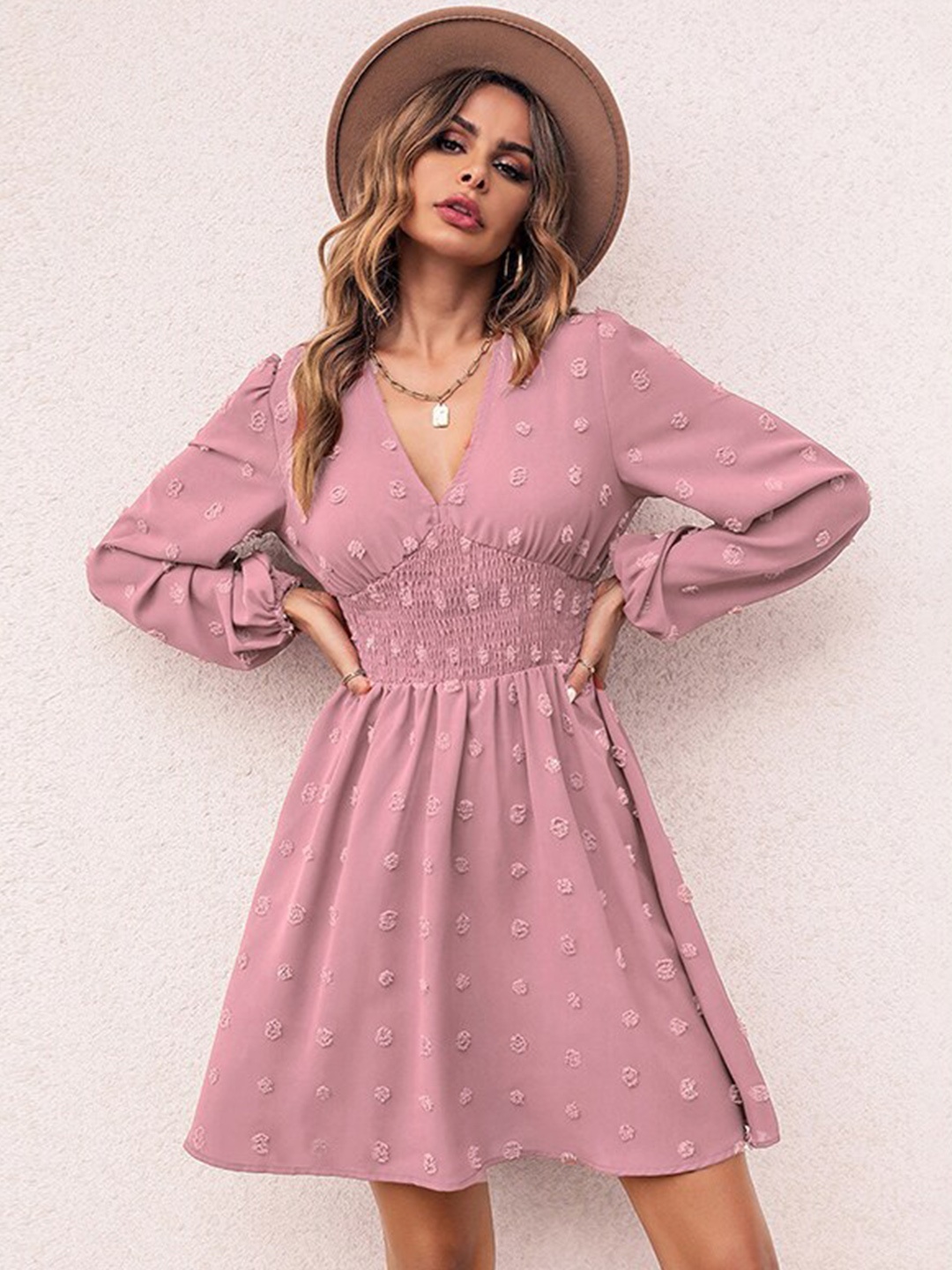 

StyleCast Pink Self Design V-Neck Puff Sleeves Smocked Detailed Fit & Flare Dress