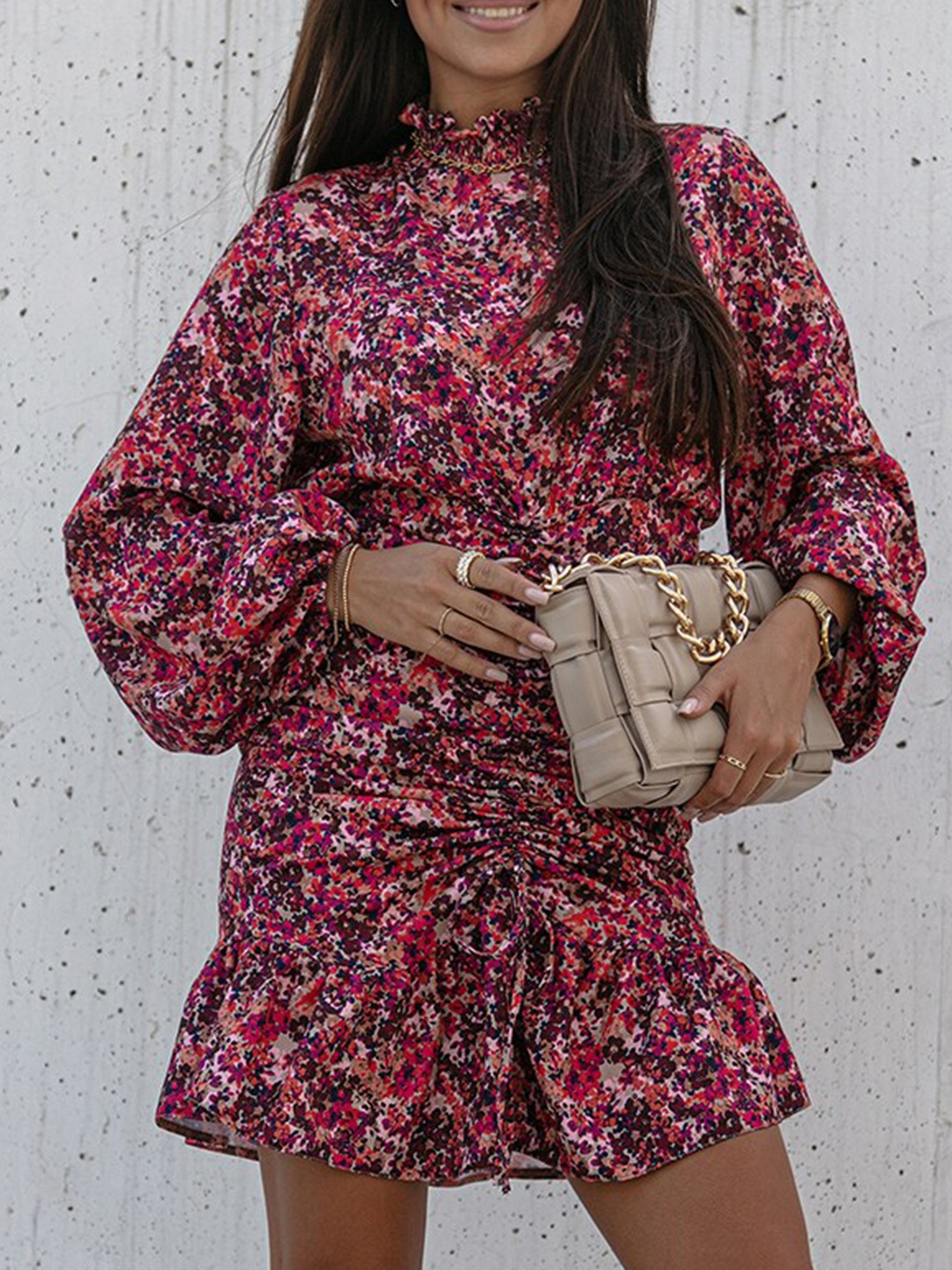 

StyleCast Red Floral Printed High Neck Puff Sleeves Ruched A-Line Mini Dress